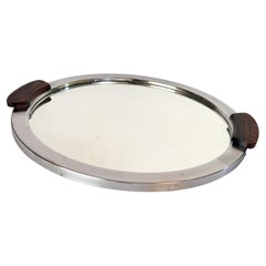Bandeja Art Decó con asas y espejo de metal y madera marrón, Francia, 1930