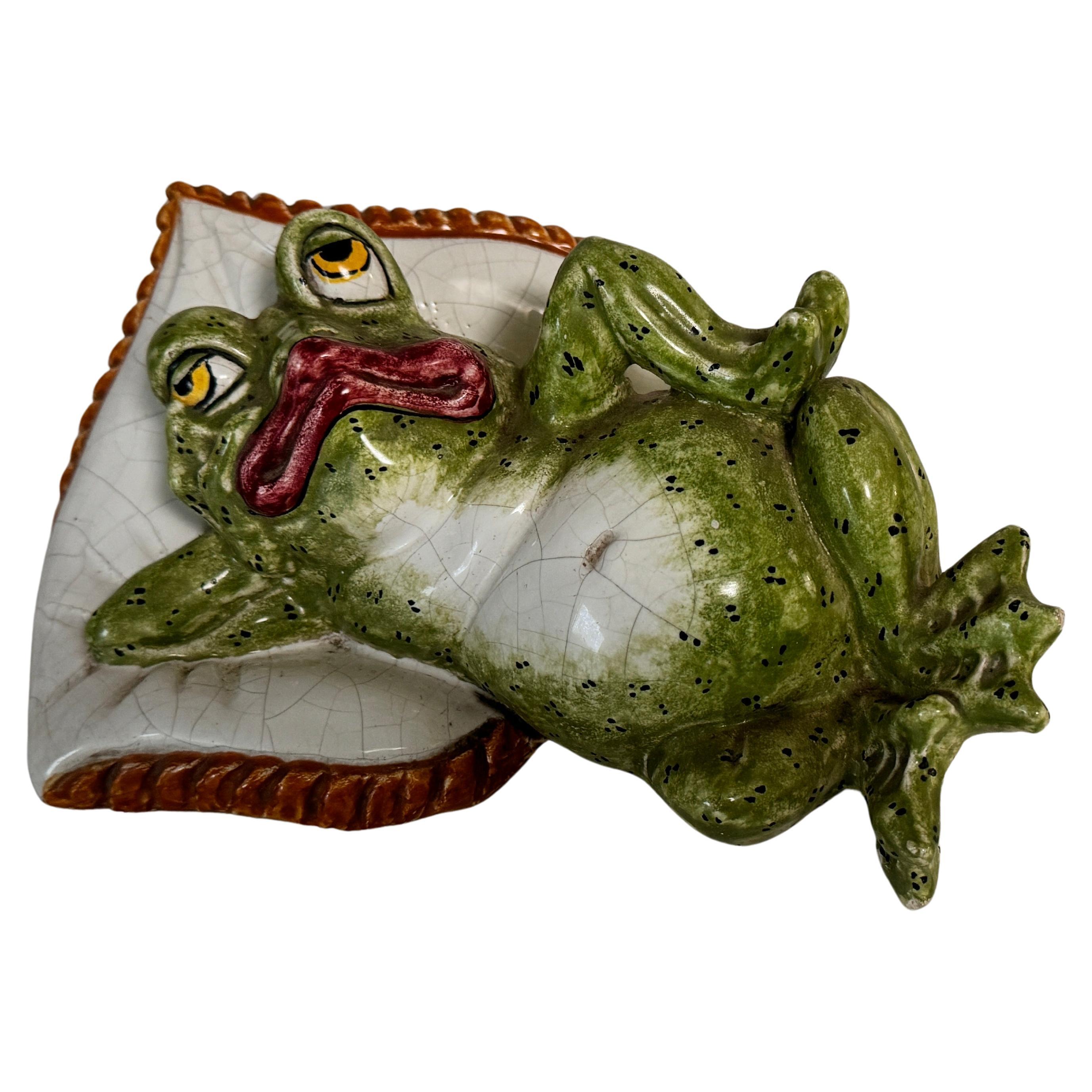 Frog Sculpture Figurine in Glazed Rerra Cotta signed Ceccarelli Italy