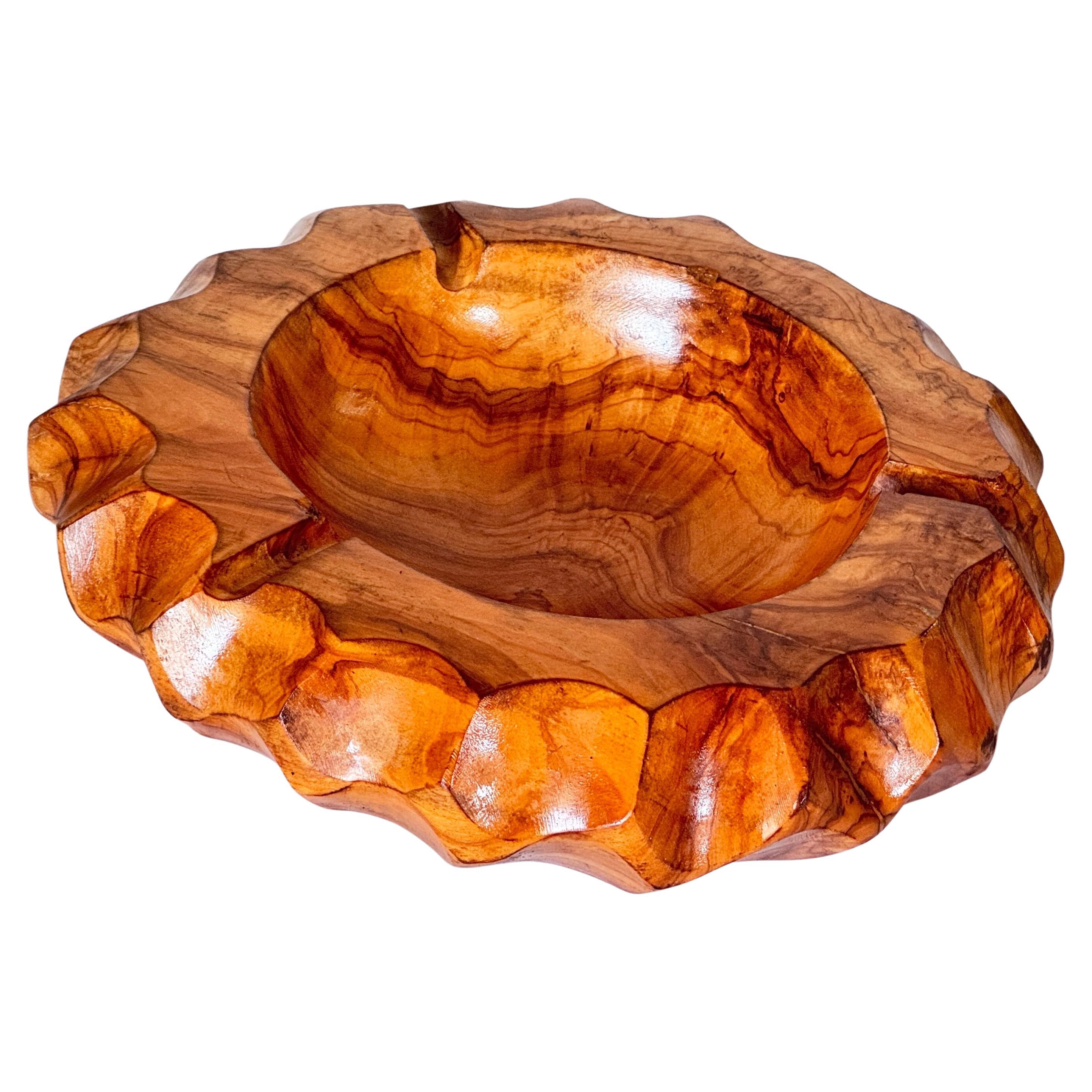 Large Round Olive Wood Ashtray or Catchall, French Brutalist Style, 1950s