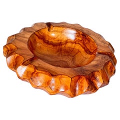 Large Round Olive Wood Ashtray or Catchall, French Brutalist Style, 1950s