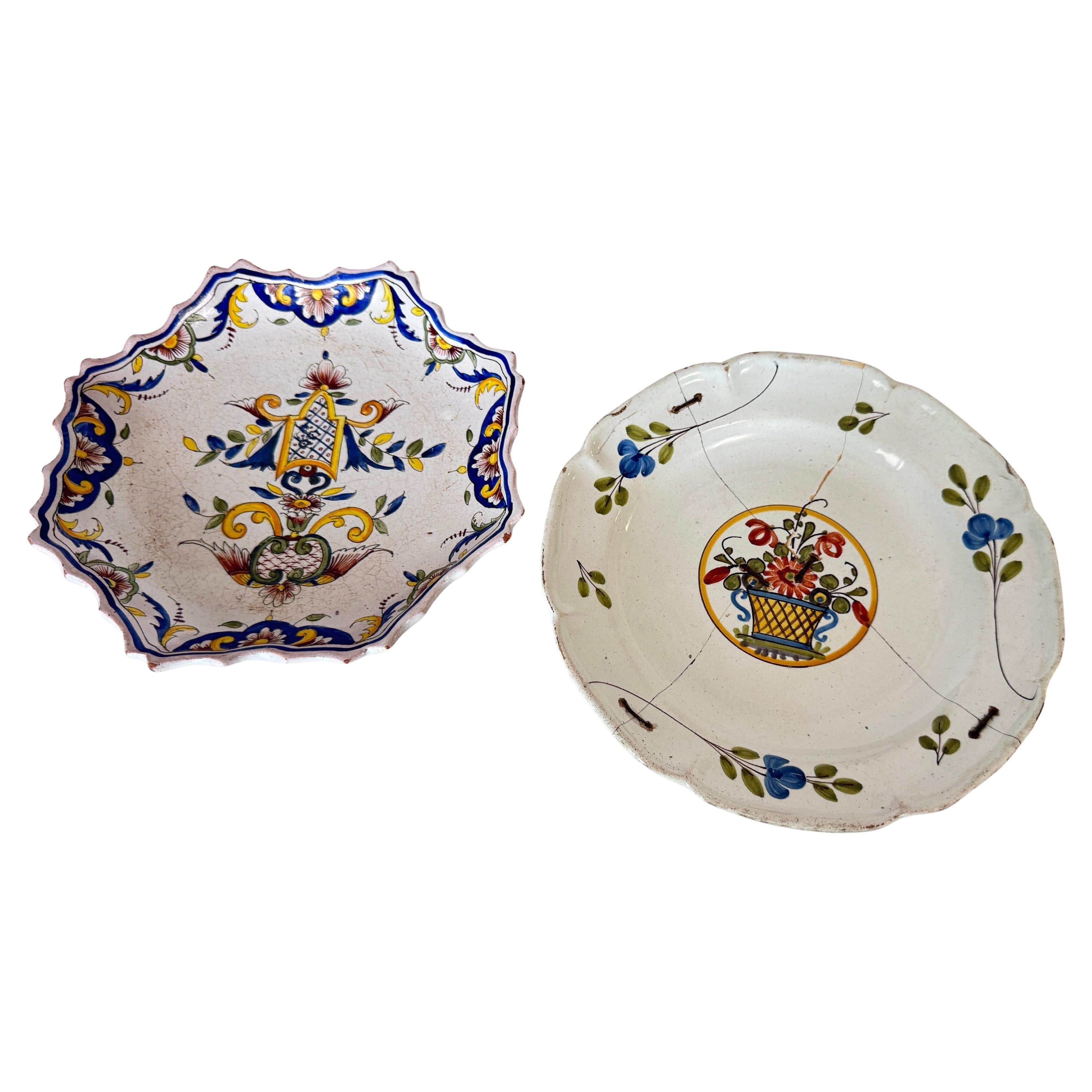 Pair of 19th-Century French Faience Plates – Hand-Painted Rouen Style