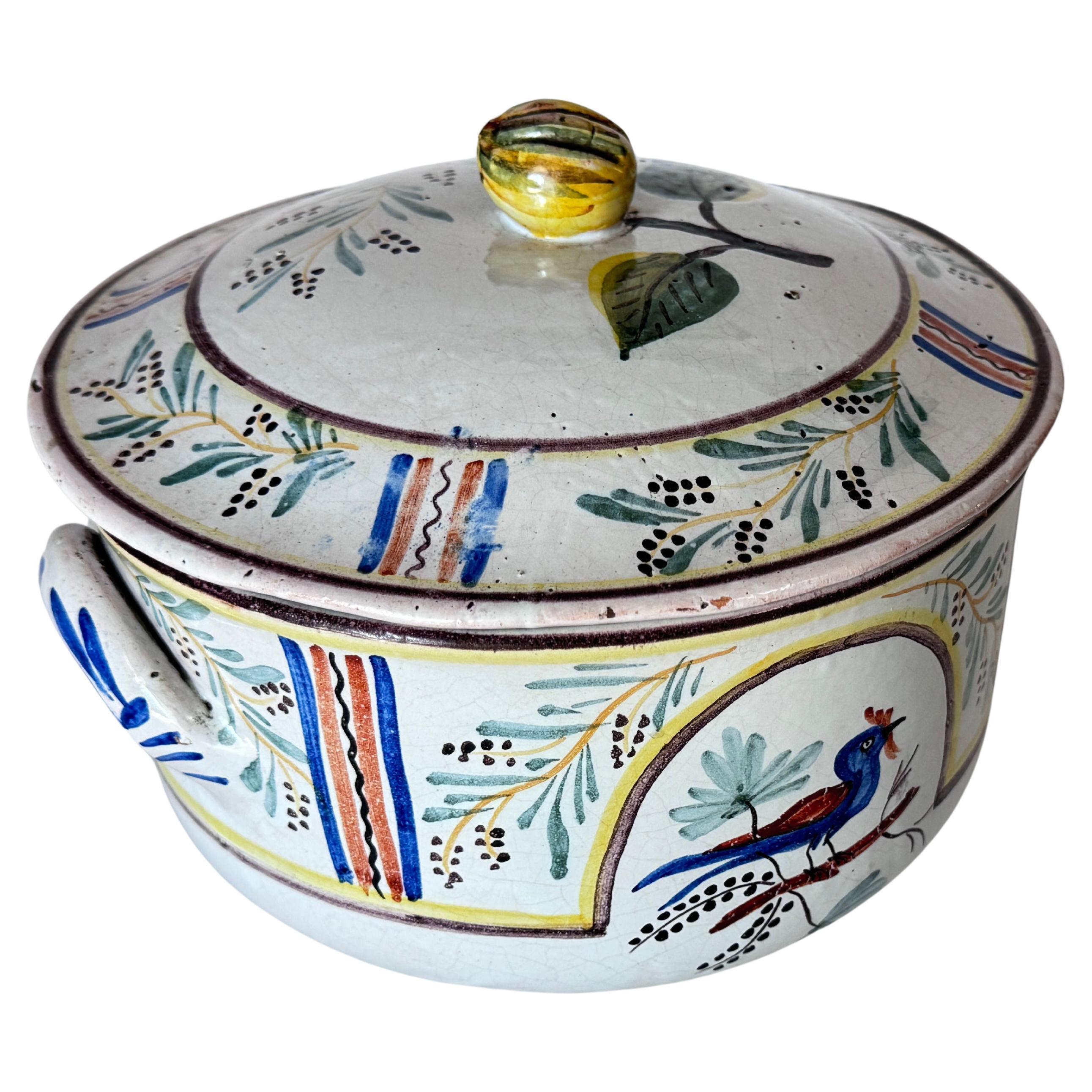 French Hand-Painted Faience Terrine – Rustic Provençal Style – Bird & Botanical For Sale