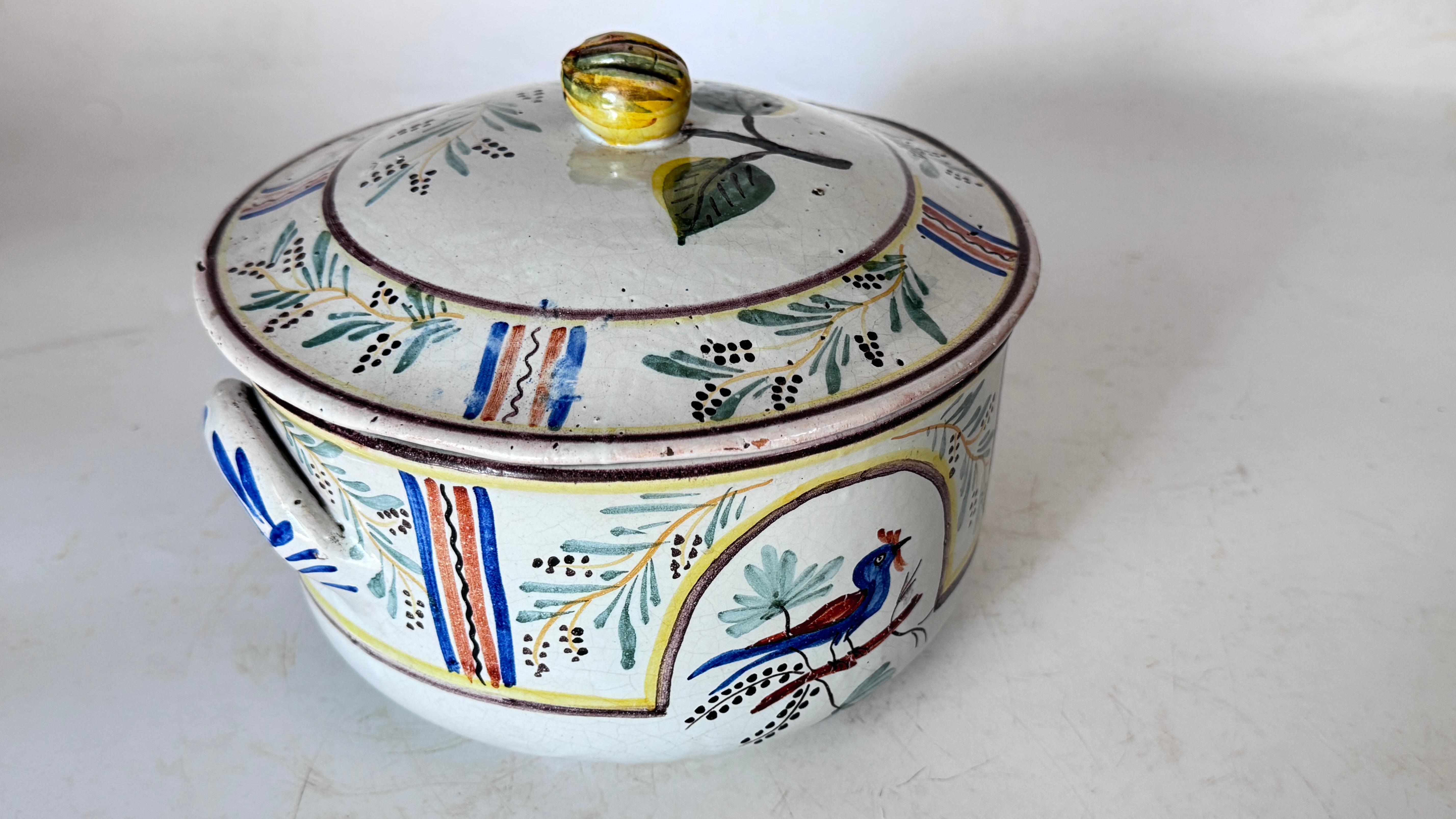 French Provincial French Hand-Painted Faience Terrine – Rustic Provençal Style – Bird & Botanical For Sale
