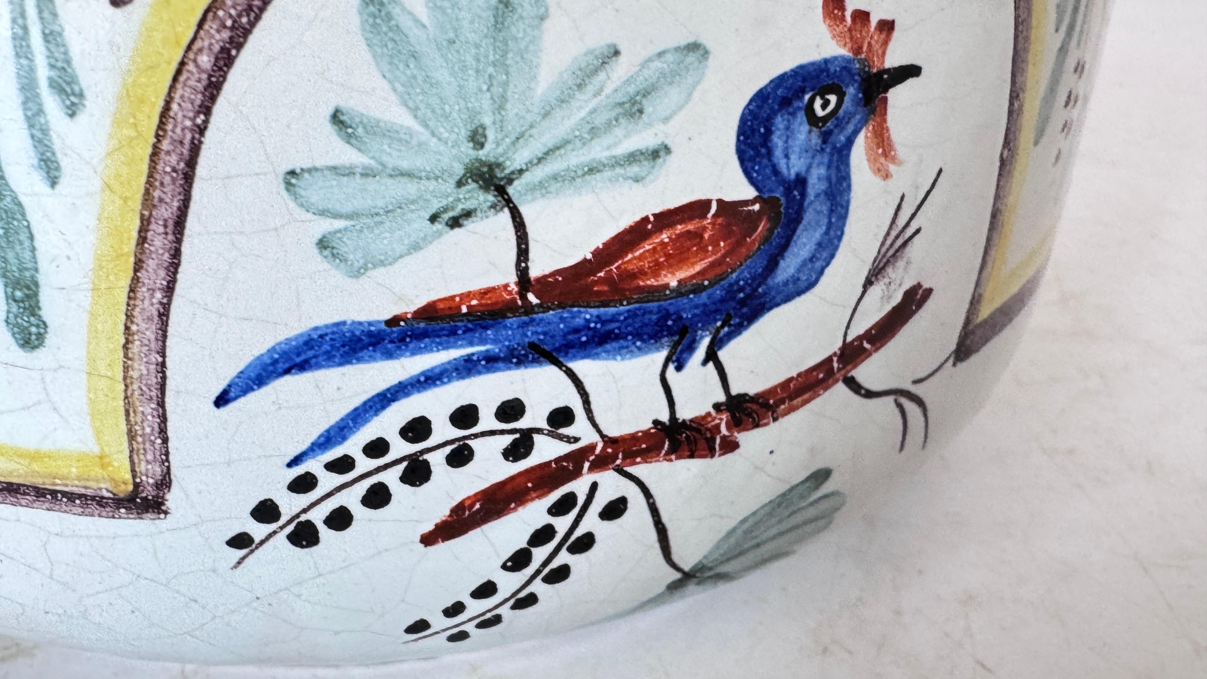 French Hand-Painted Faience Terrine – Rustic Provençal Style – Bird & Botanical For Sale 4