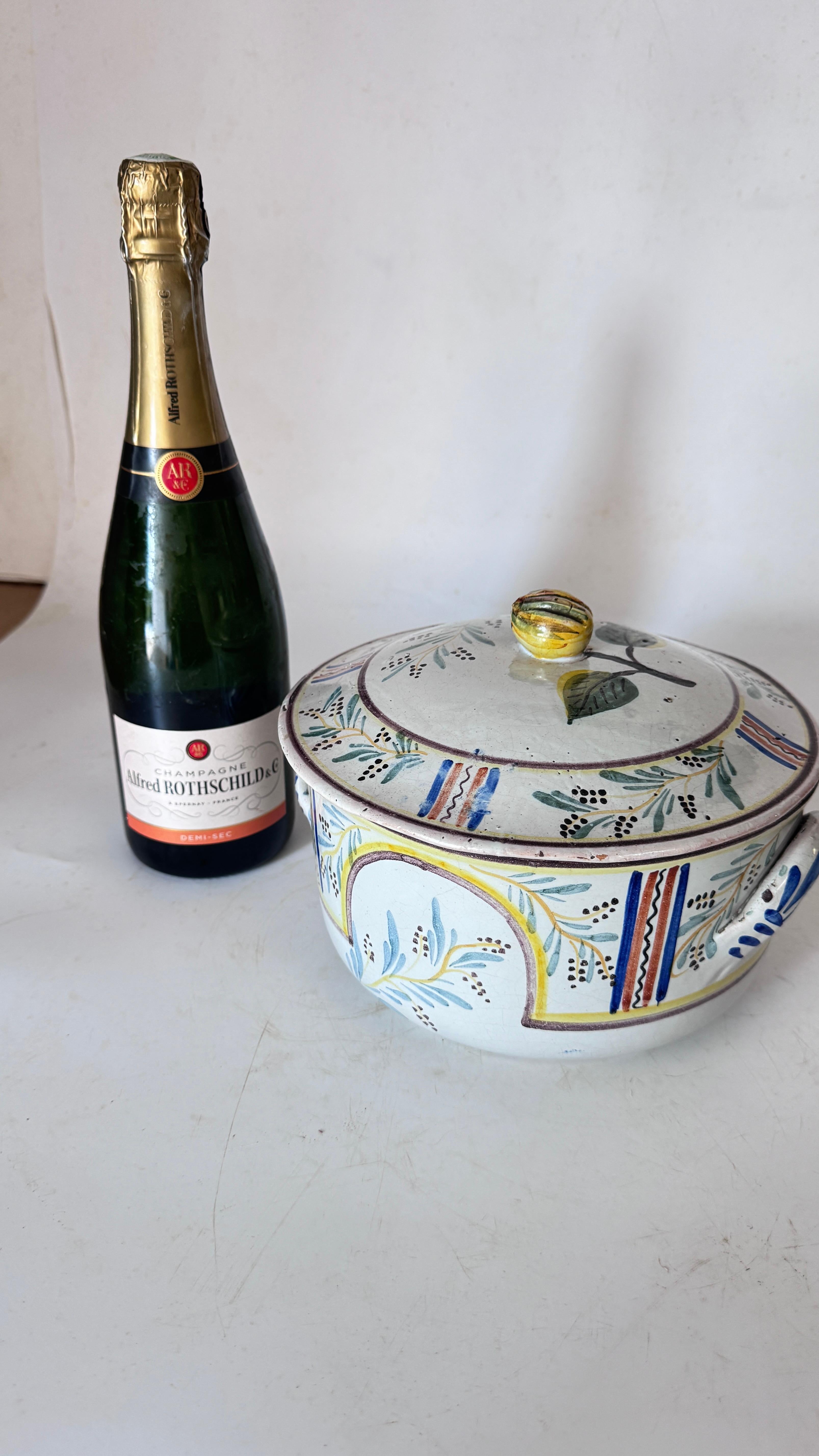 French Hand-Painted Faience Terrine – Rustic Provençal Style – Bird & Botanical Motifs – 19th-Century Tradition

Description:
This is a charming French faience terrine, hand-painted in a rustic or Provençal style, likely inspired by traditional