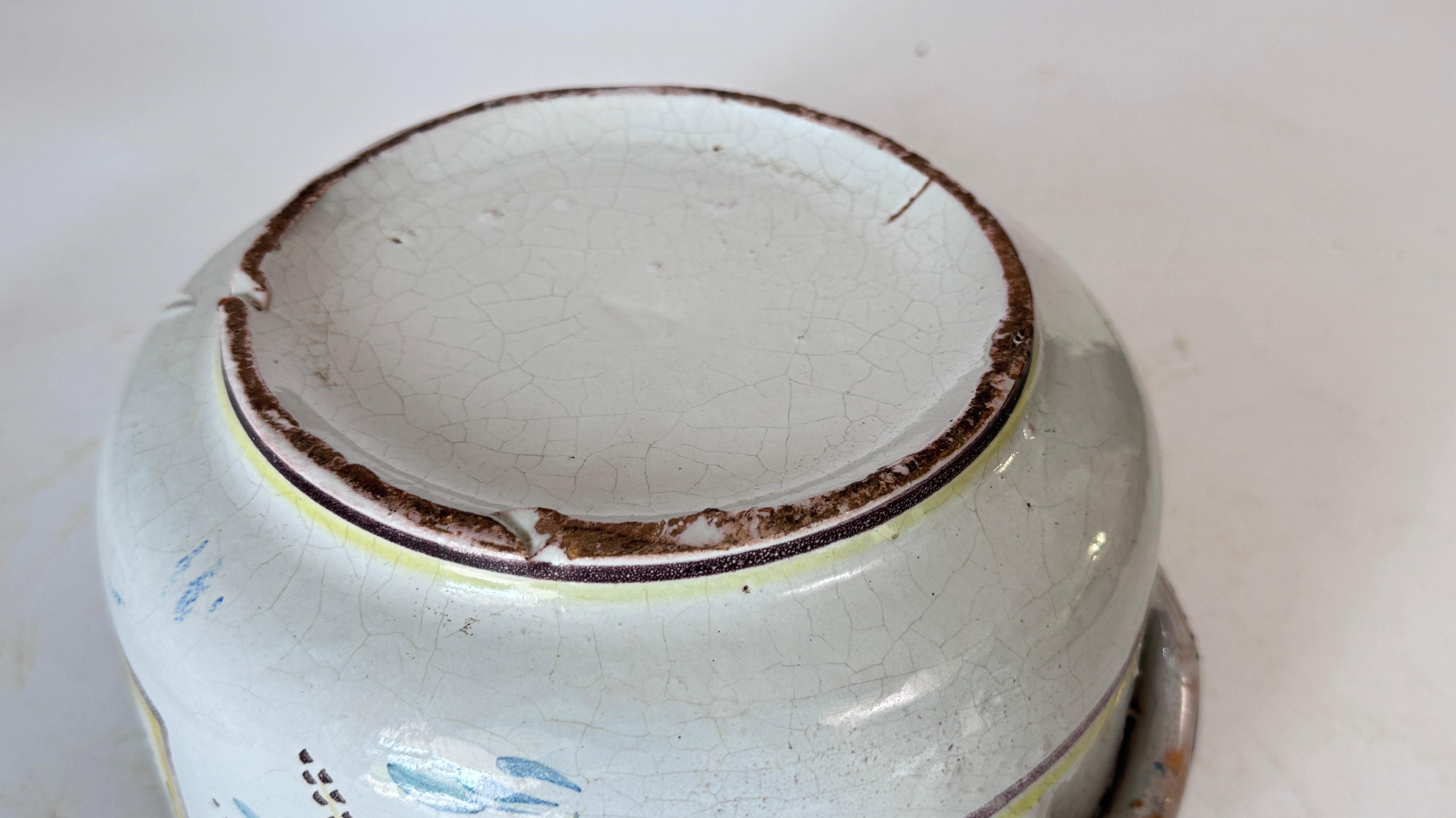 French Hand-Painted Faience Terrine – Rustic Provençal Style – Bird & Botanical For Sale 6