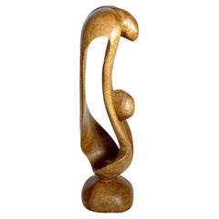 Brown Wooden Sculpture of a Woman and Child, France