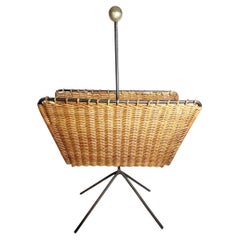 Rattan, Metal and Brass Magazine Rack, France, 1950s