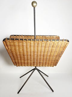 Rattan, Metal and Brass Magazine Rack, France, 1950s