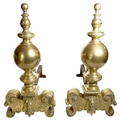 Pair of Brass and Cast Iron Andirons, France, 19th Century