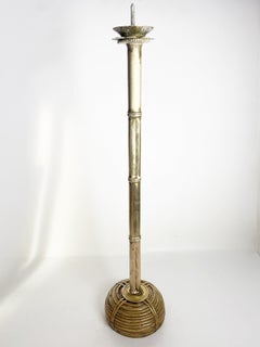Large Brass and Rattan Candle Holder in the Style of Gae Aulenti, France, 1970s