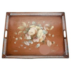 Red Metal Tray with Floral Decoration, France, 1950s