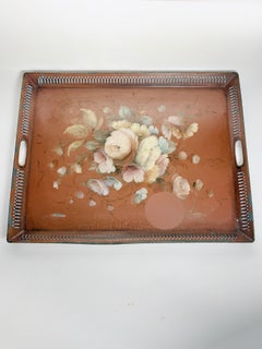 Red Metal Tray with Floral Decoration, France, 1950s
