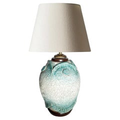 Raku Ceramic Table Lamp with Botanical Decoration, France, 1960s