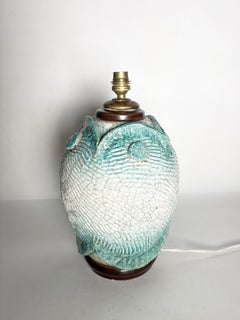 Raku Ceramic Table Lamp with Botanical Decoration, France, 1960s