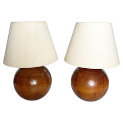Pair of Round Wooden Table Lamps with Original Lampshades, France, 1970s