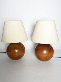 Pair of Round Wooden Table Lamps with Original Lampshades, France, 1970s