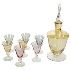 Multicolored Italian Art Glass Carafe and 7 Glasses, Italy, 20th Century