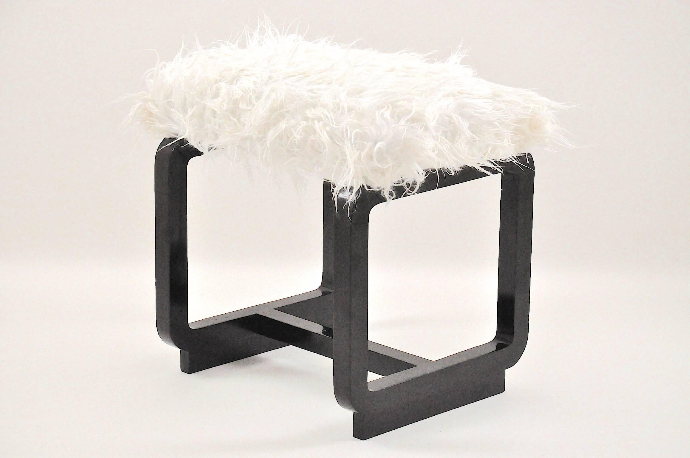 Lacquered Pair of Modernist Stools with Lamb Fur