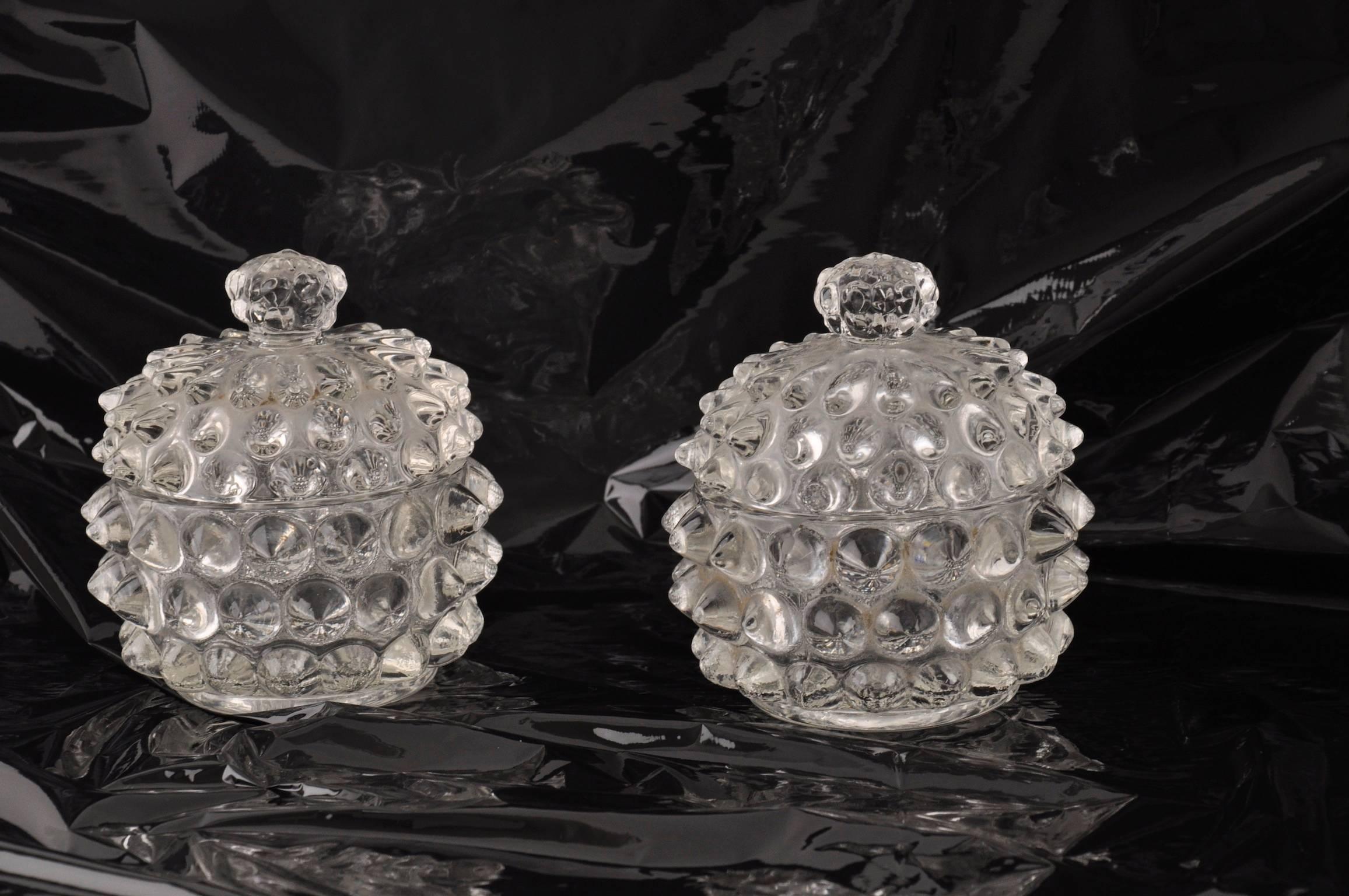Pair of Rostrato Glass boxes or bowls by Murano, in the tradition of houses as Venini.