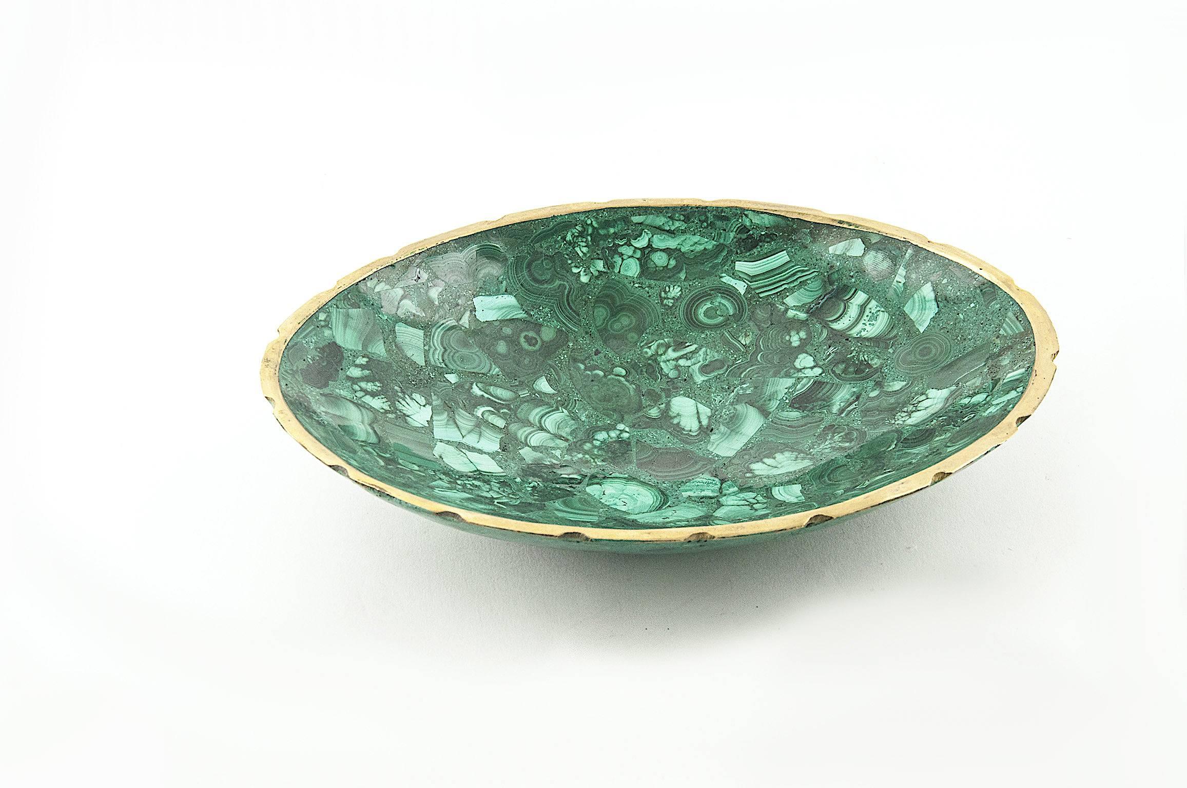 Malachite bowl or centrepiece with brass rim.