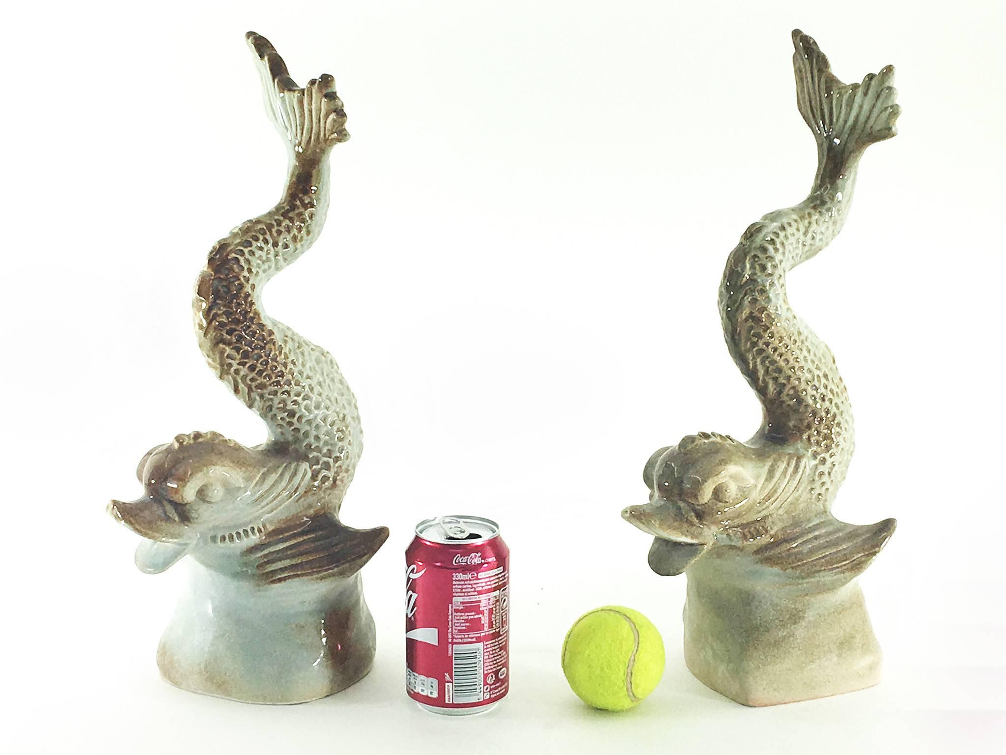 Pair of Fishes Ceramic Sculpture or Garniture In Excellent Condition For Sale In Auribeau sur Siagne, FR