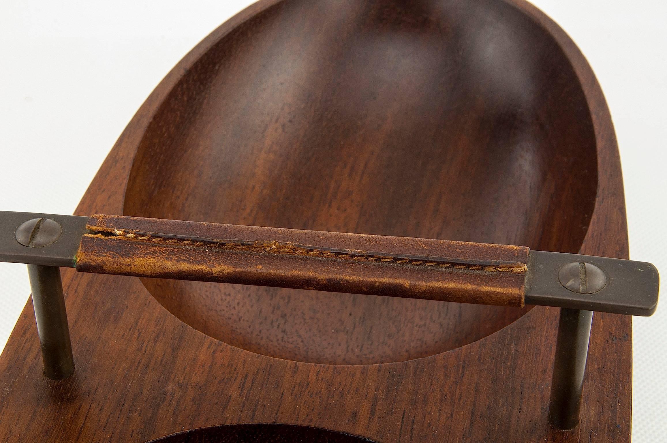 Double Bowl Hand-Carved in Teak, Cast Brass and Leather Handle by Carl Auböck 1