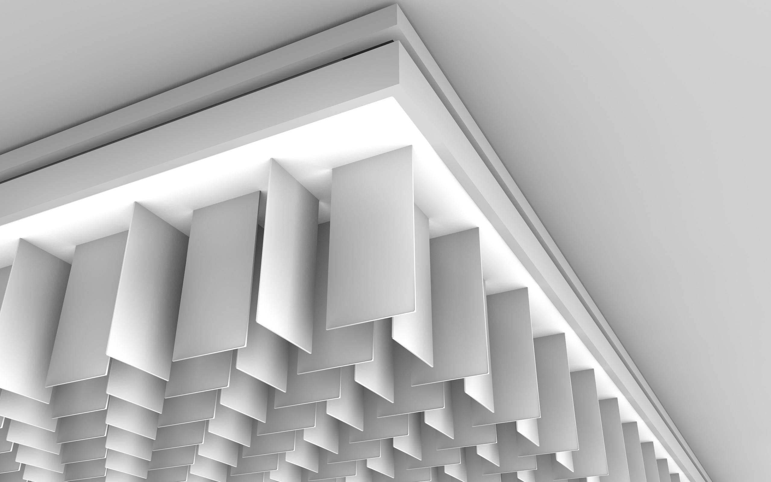 Square ceiling light integrated in a false ceiling
400 aluminium fins. Plexiglass panels, and black painted metal frame. Ask for the technical information’s.

  