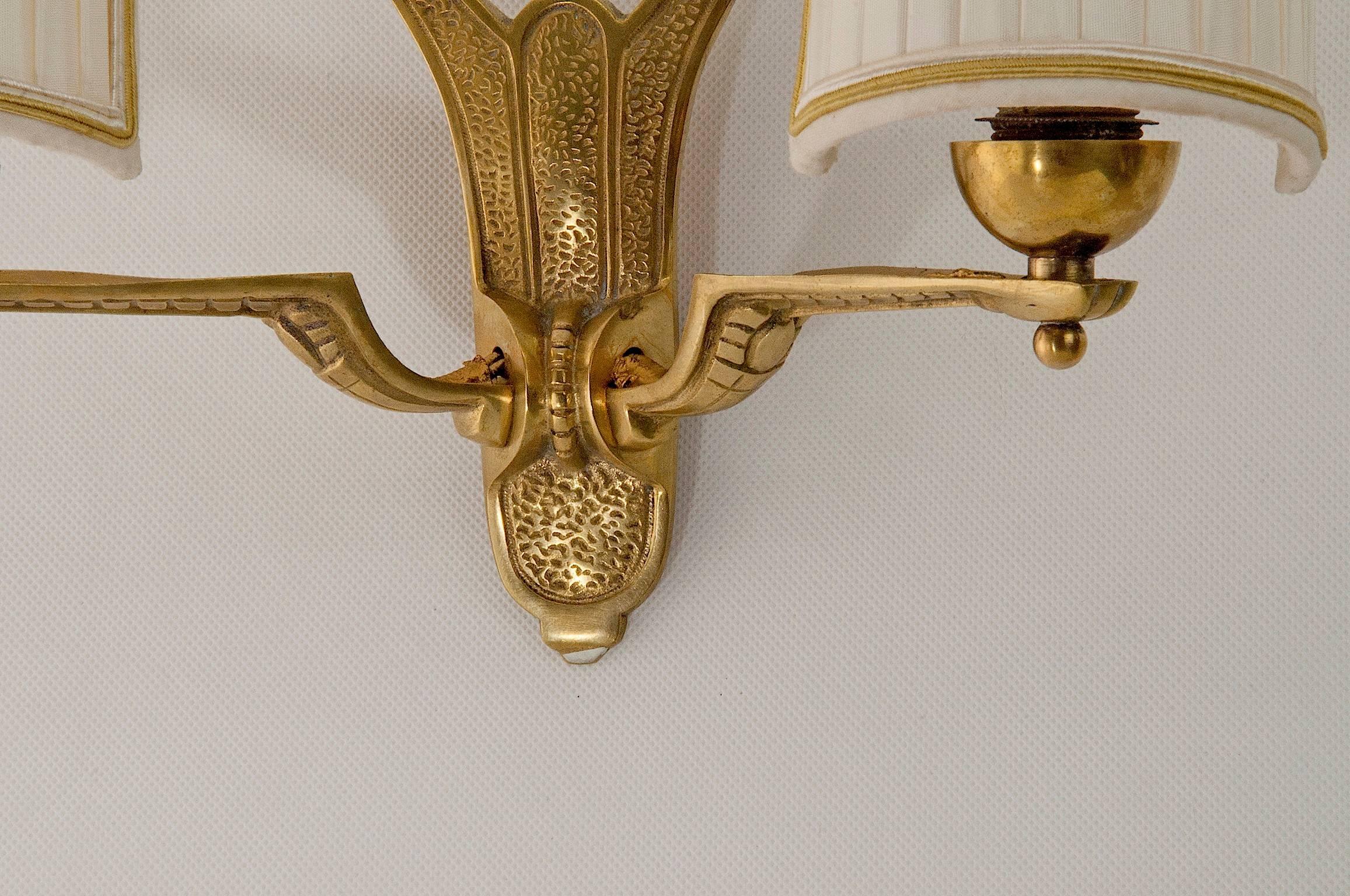 Jugendstil Vienna sconce in brass with fabric shades, Art Deco, Art Nouveau.