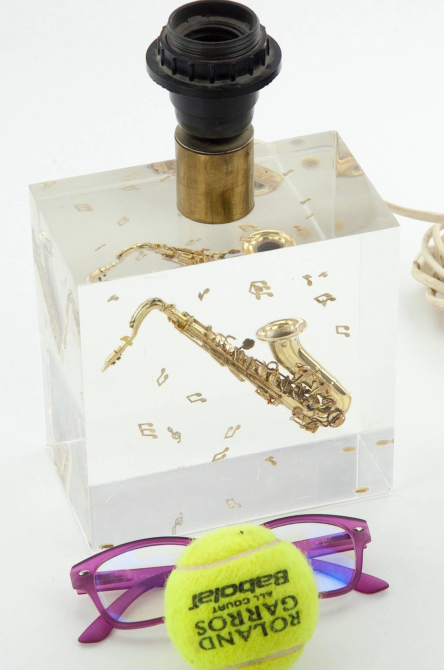 Late 20th Century Resin Table Lamp with an Inclusion of a Saxophone