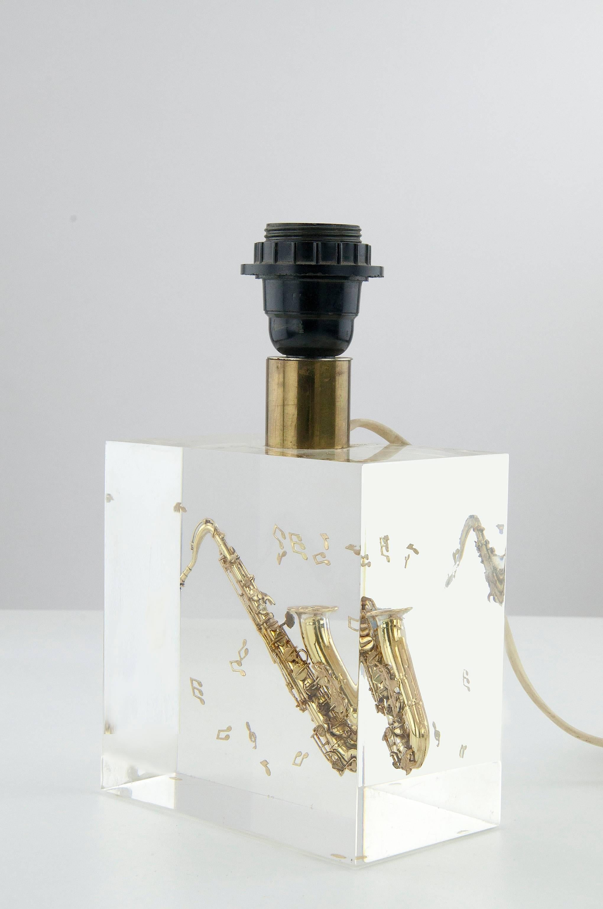 Brass Resin Table Lamp with an Inclusion of a Saxophone