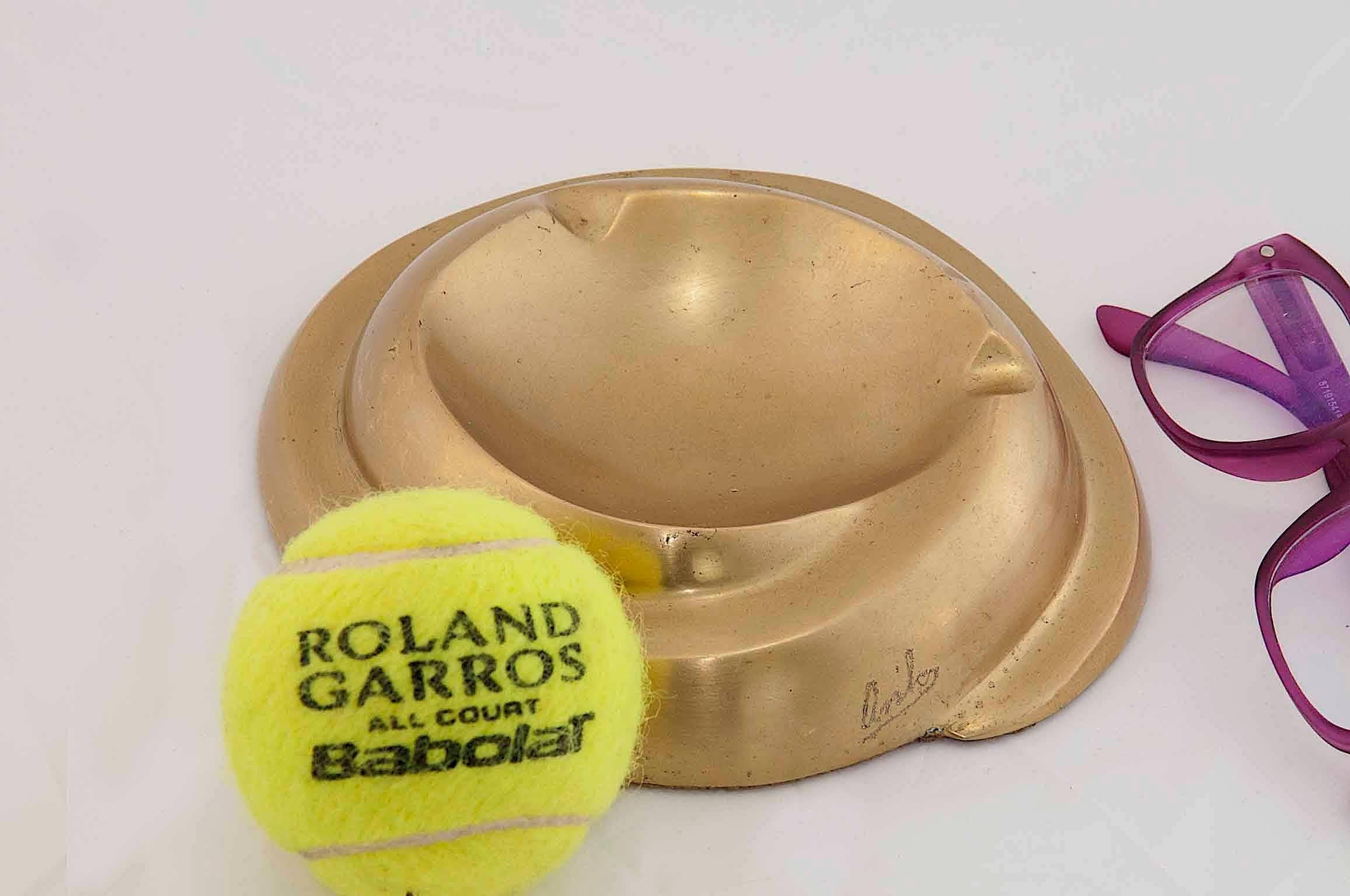 French 1960 Solid Brass Ashtray, Signed For Sale