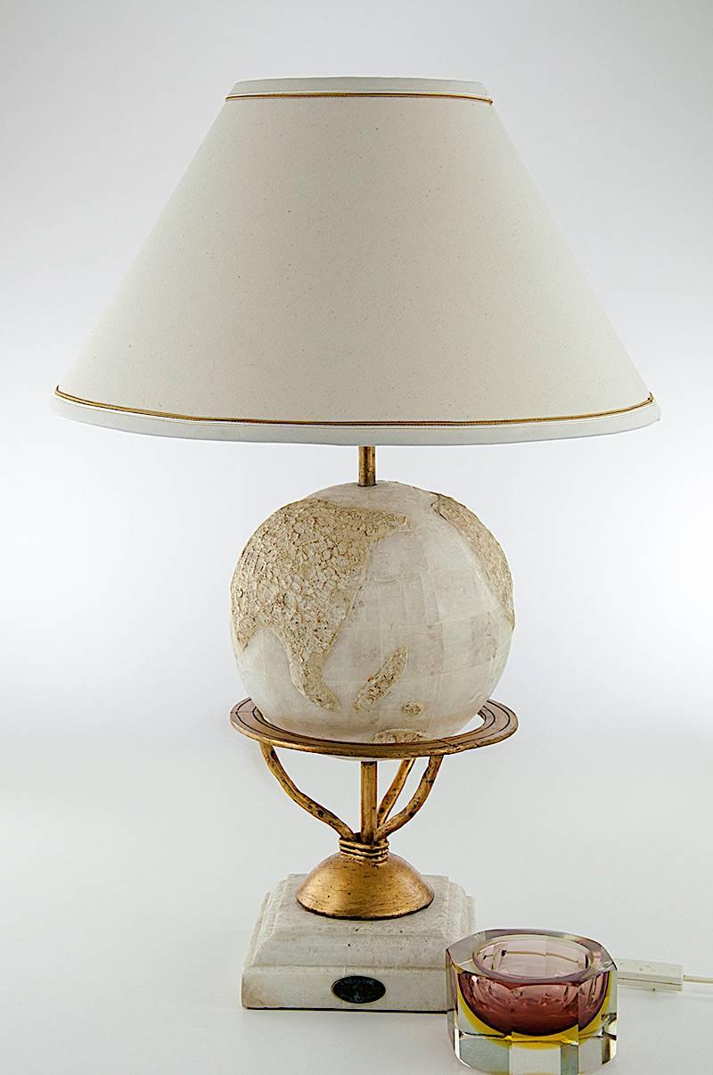 French 1950 large round Nacre table lamp by Fournier Décoration, Paris.