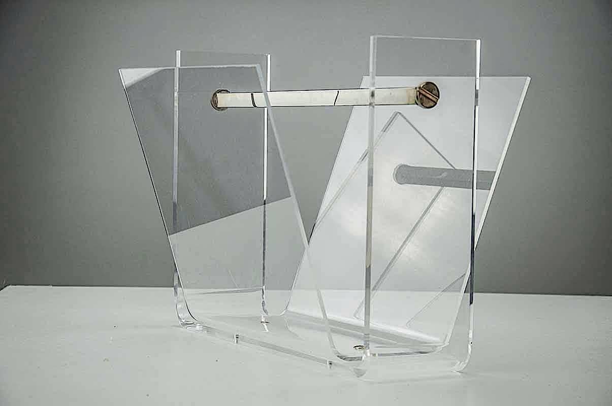Vintage Thick Lucite and Chrome Steel Magazine Rack 2