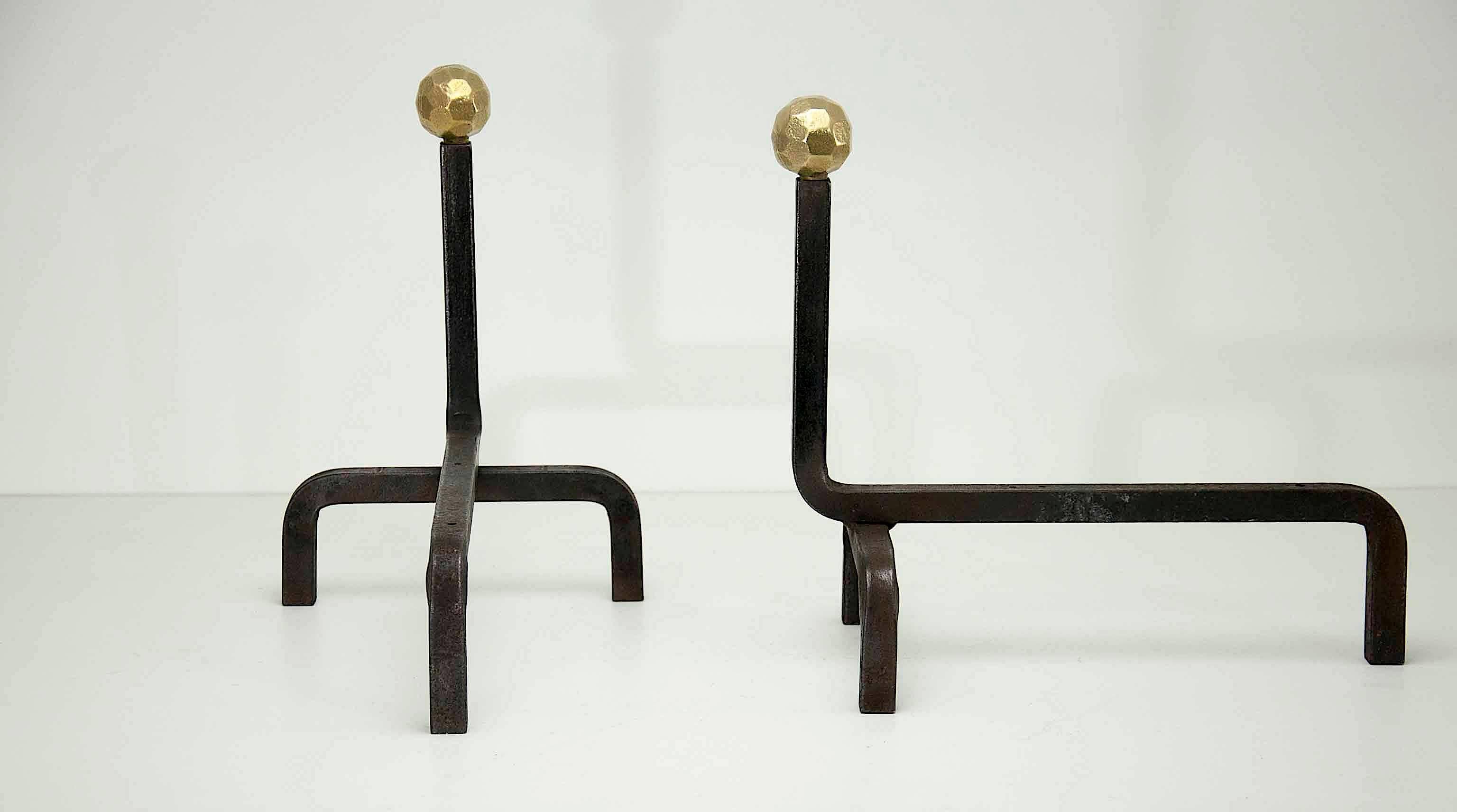 French Pair of Modernist Wrought Iron and Brass Fire Andirons