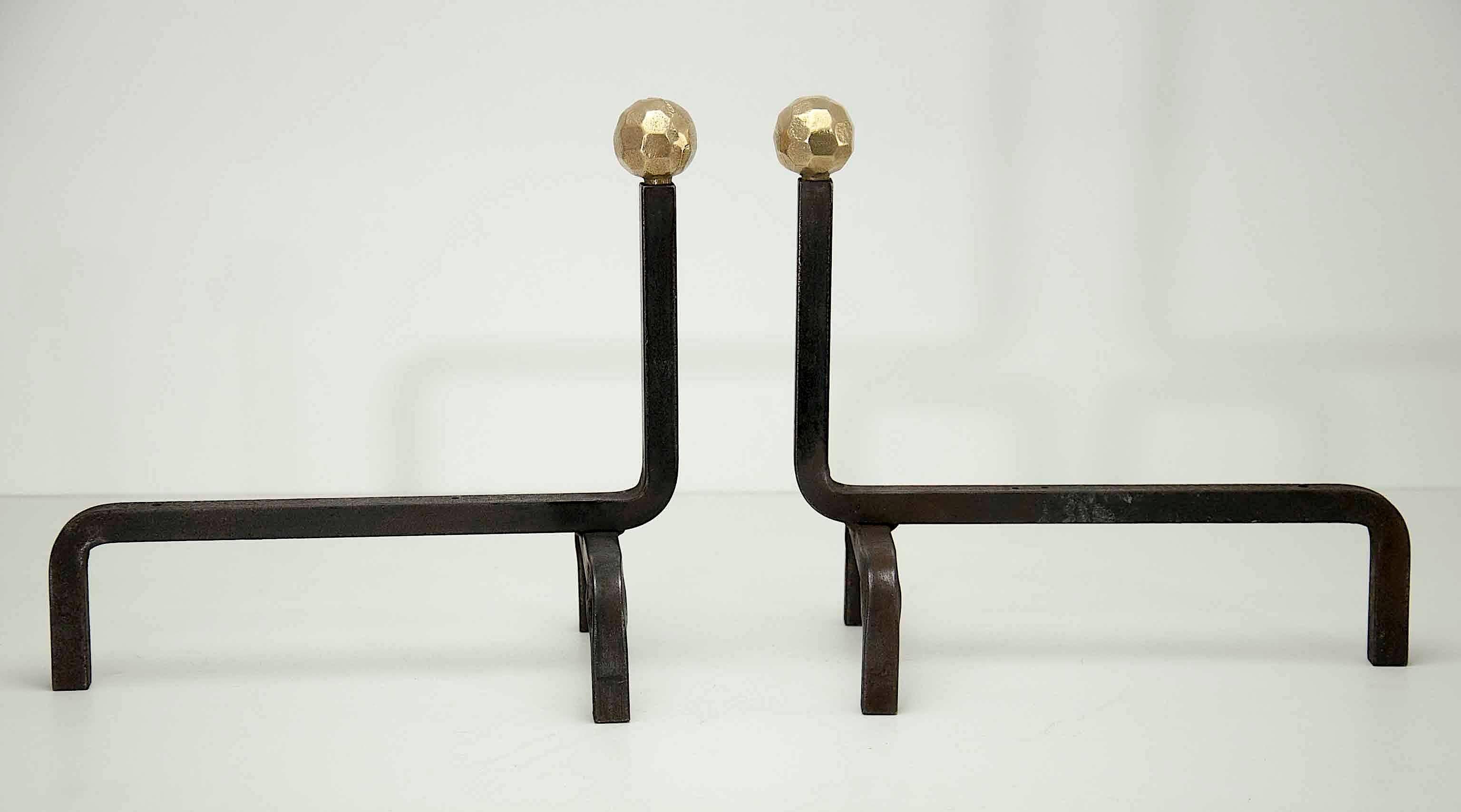 Art Deco Pair of Modernist Wrought Iron and Brass Fire Andirons