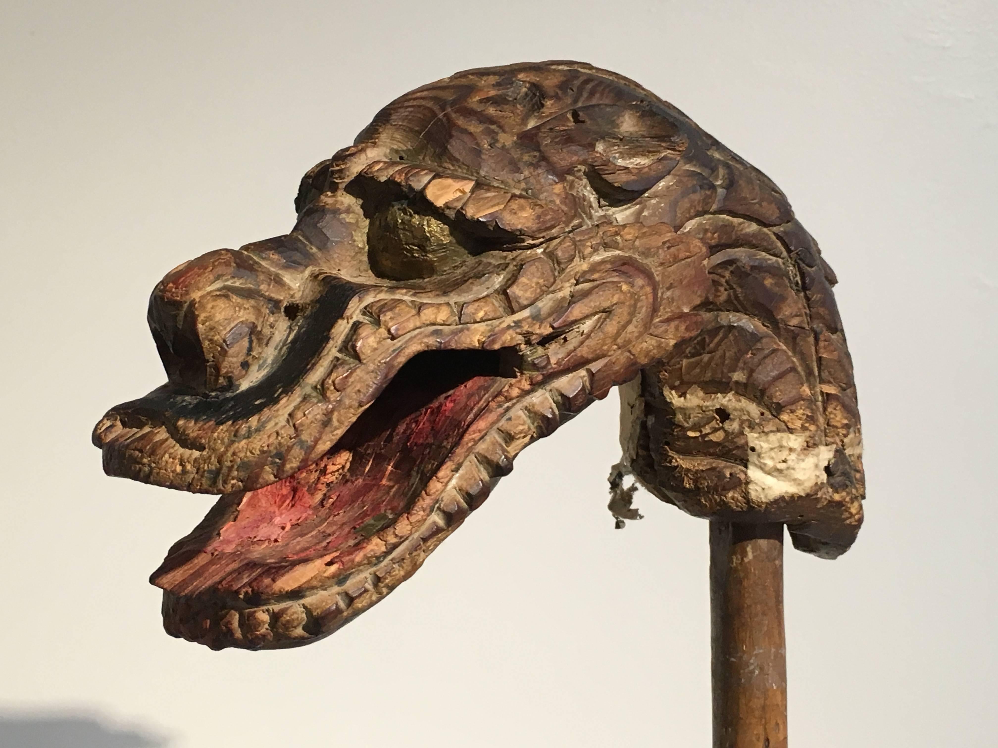 Hand-Carved Japanese Edo Period Mingei Carved Wooden Dragon Puppet Head
