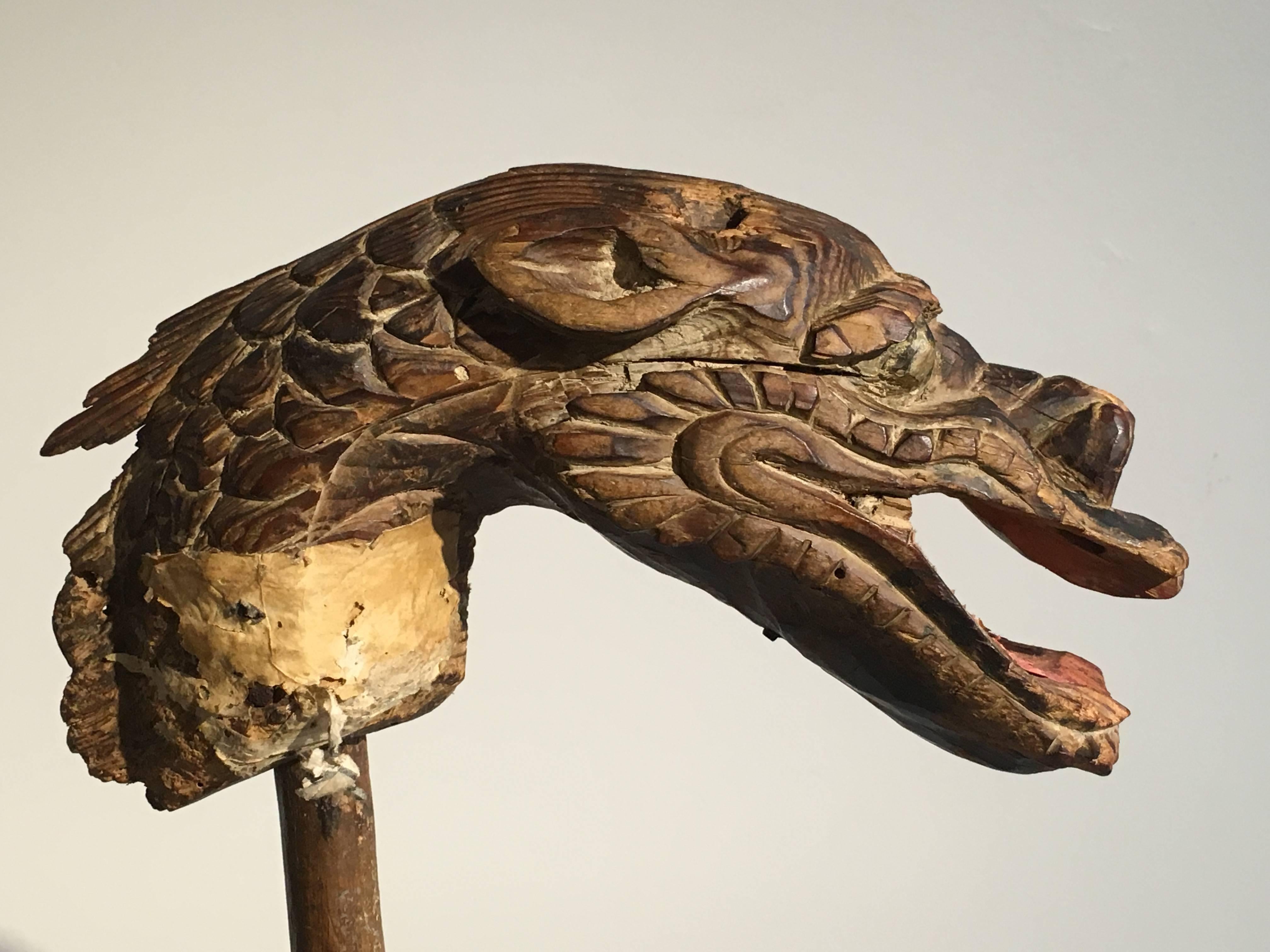Japanese Edo Period Mingei Carved Wooden Dragon Puppet Head In Distressed Condition In Austin, TX