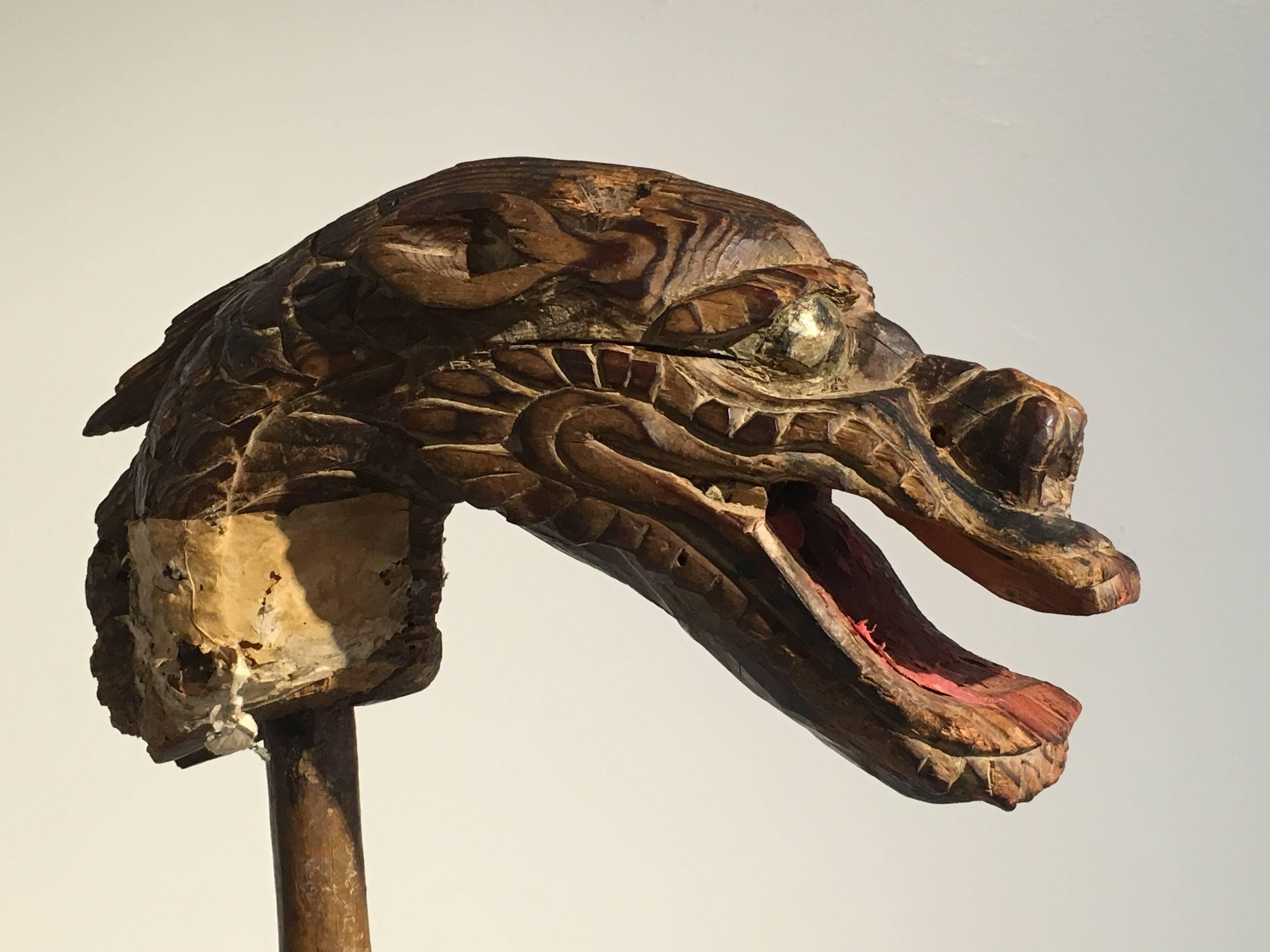 19th Century Japanese Edo Period Mingei Carved Wooden Dragon Puppet Head