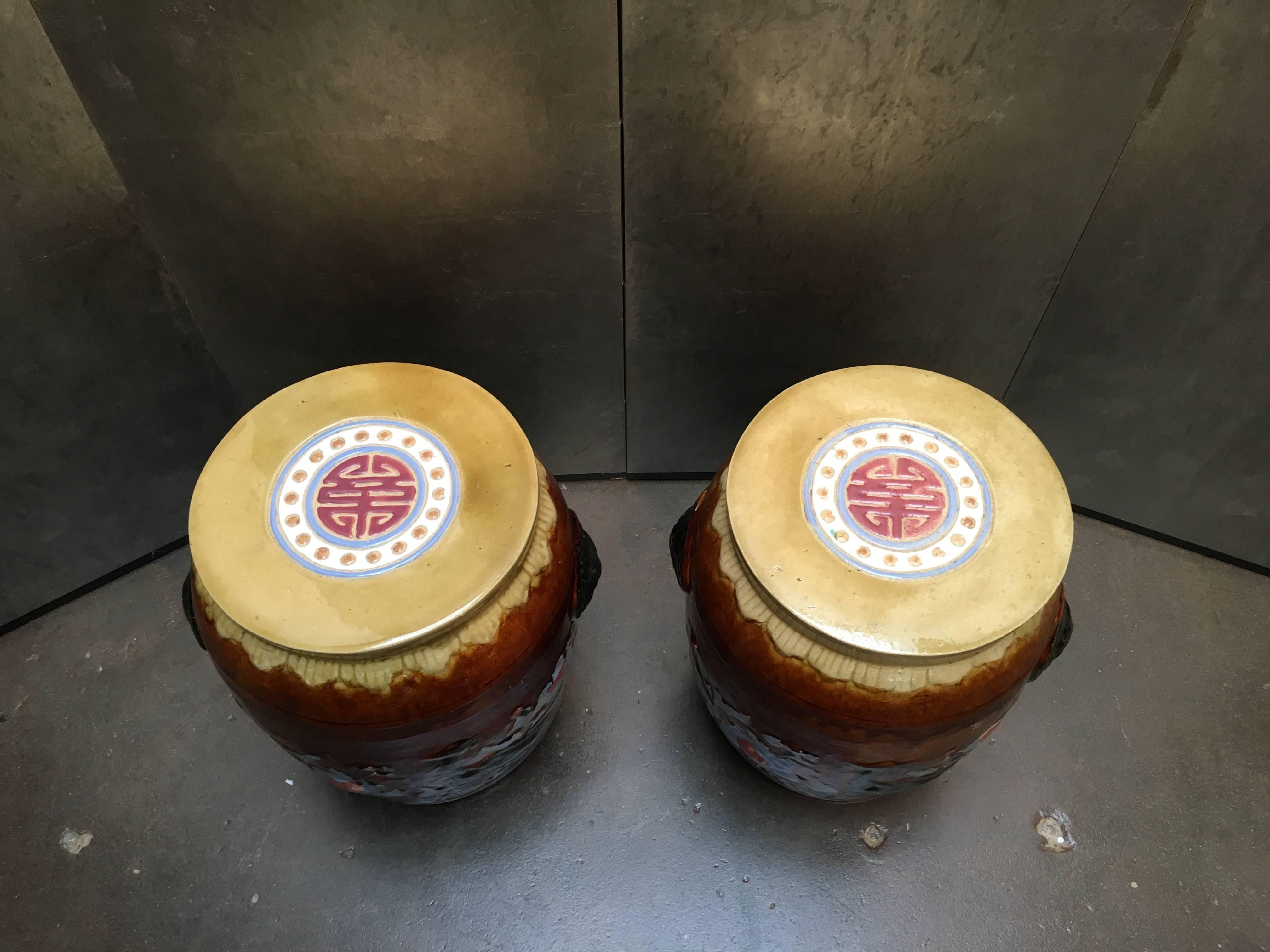 20th Century Pair of Vintage Chinese Glazed Garden Stools or Side Tables