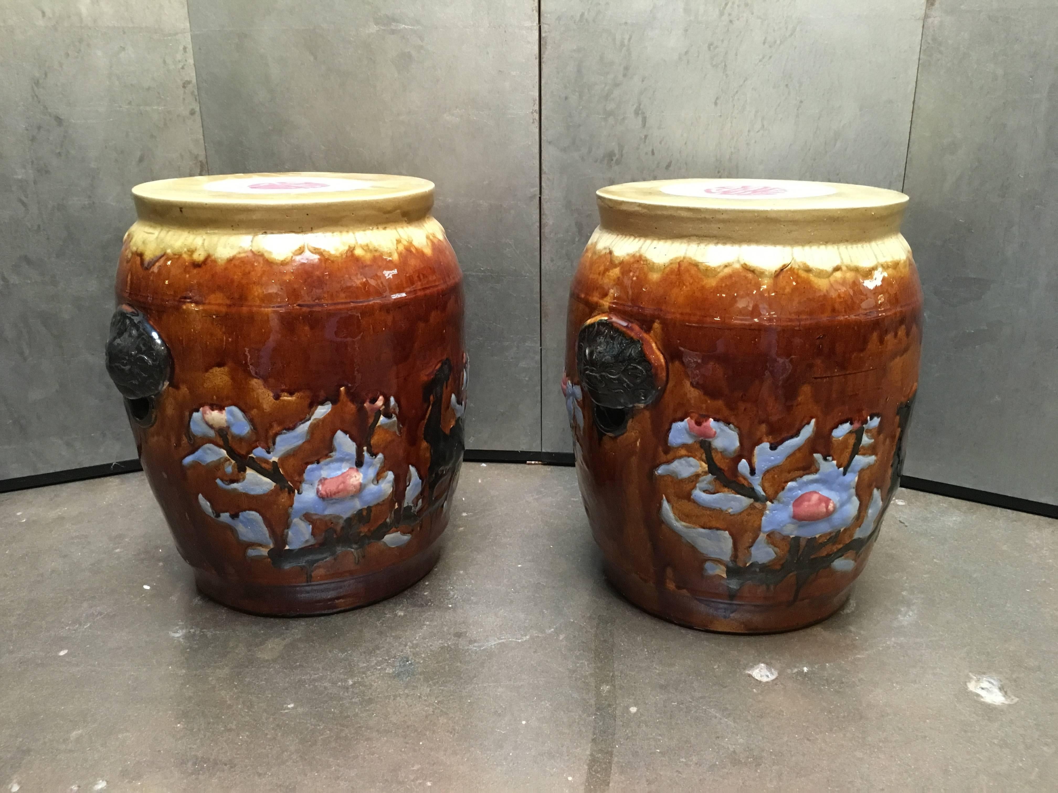Pair of Vintage Chinese Glazed Garden Stools or Side Tables In Excellent Condition In Austin, TX