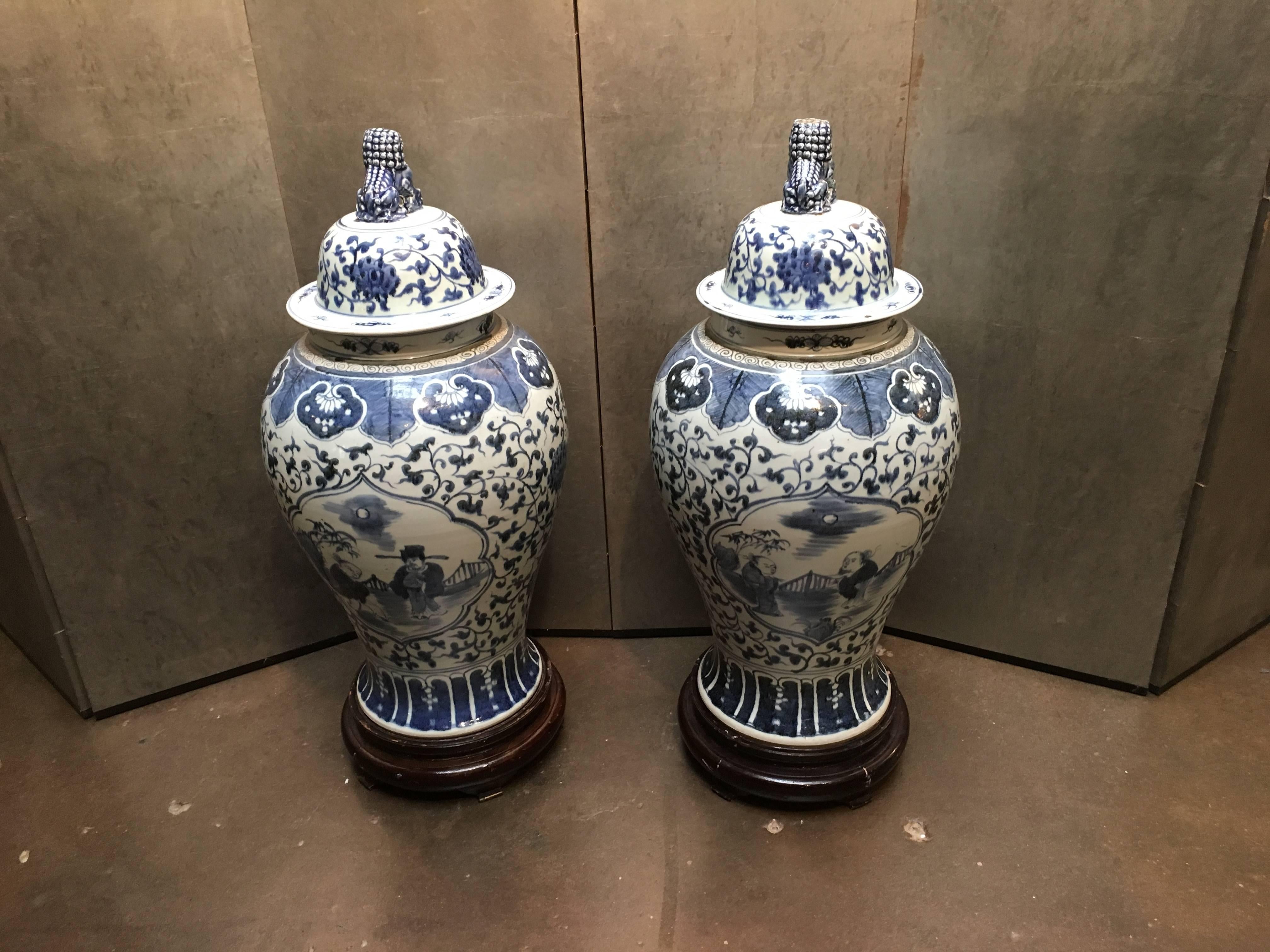 Hardwood Pair of Large Chinese Blue and White Baluster Covered Jars
