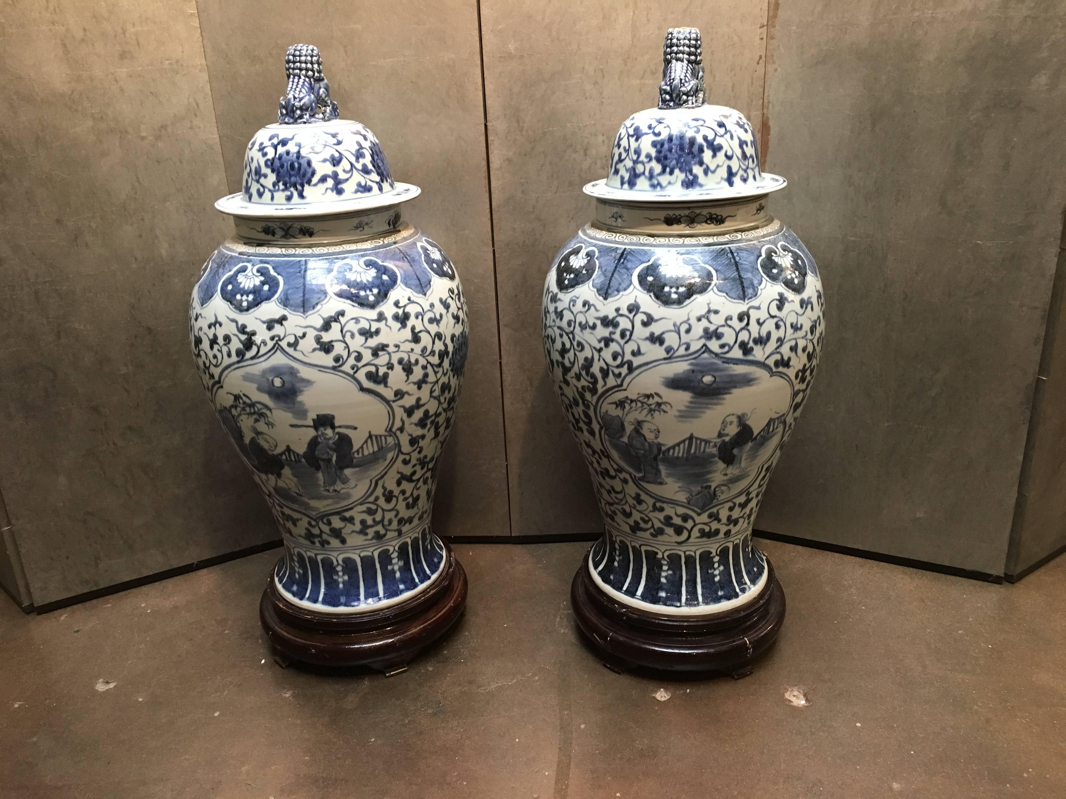 Ming Pair of Large Chinese Blue and White Baluster Covered Jars