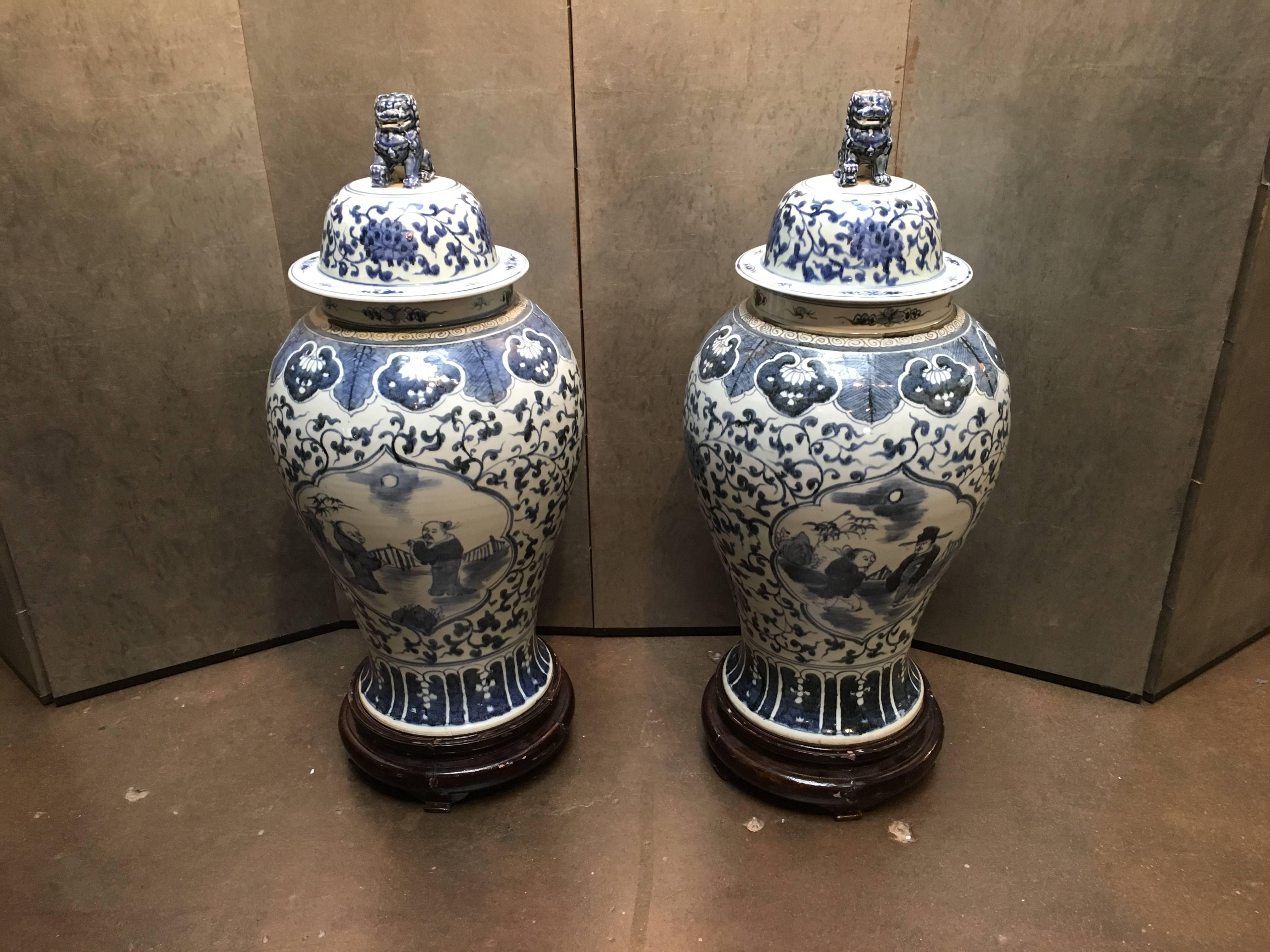 20th Century Pair of Large Chinese Blue and White Baluster Covered Jars