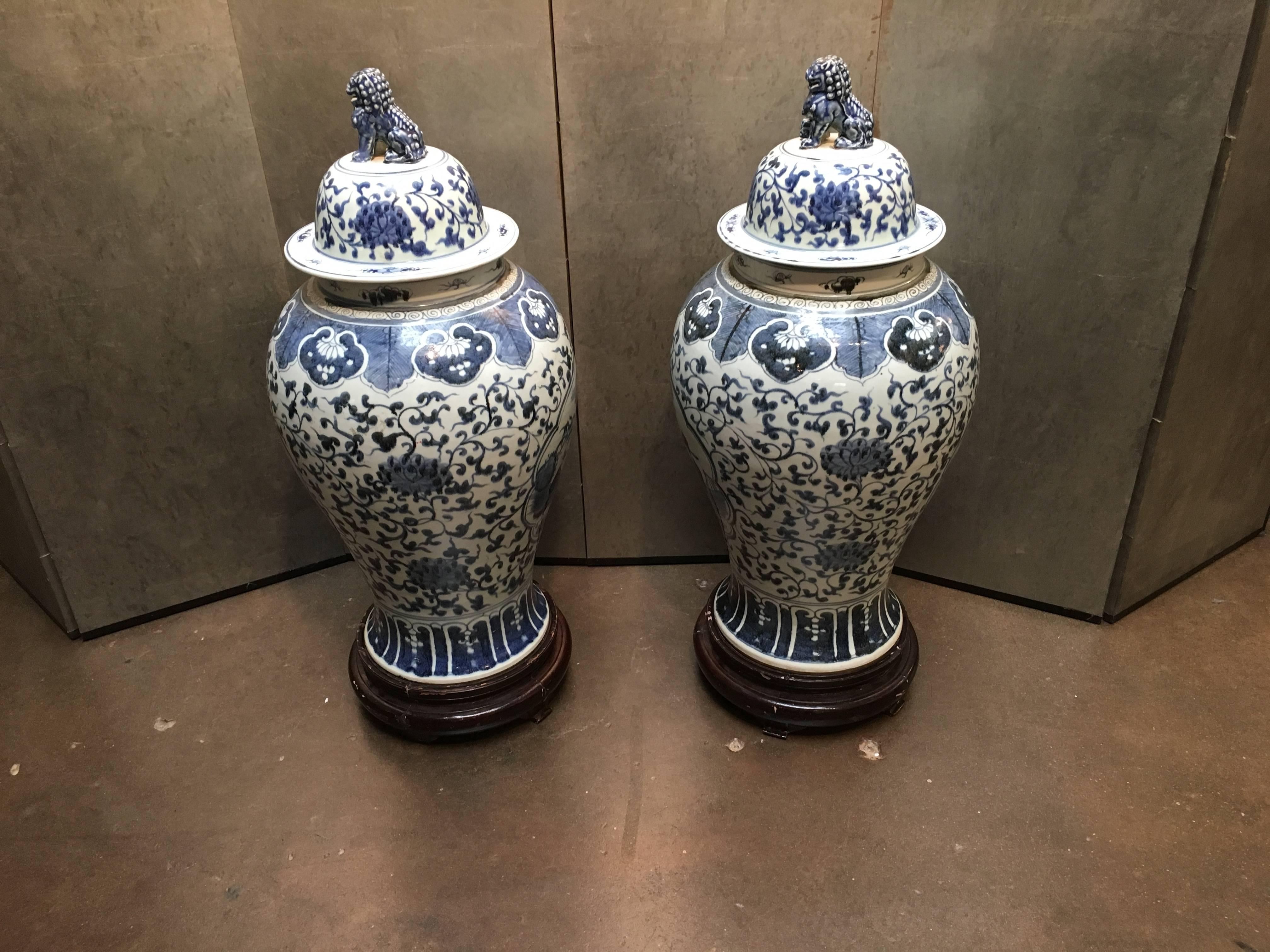 Pair of Large Chinese Blue and White Baluster Covered Jars 1
