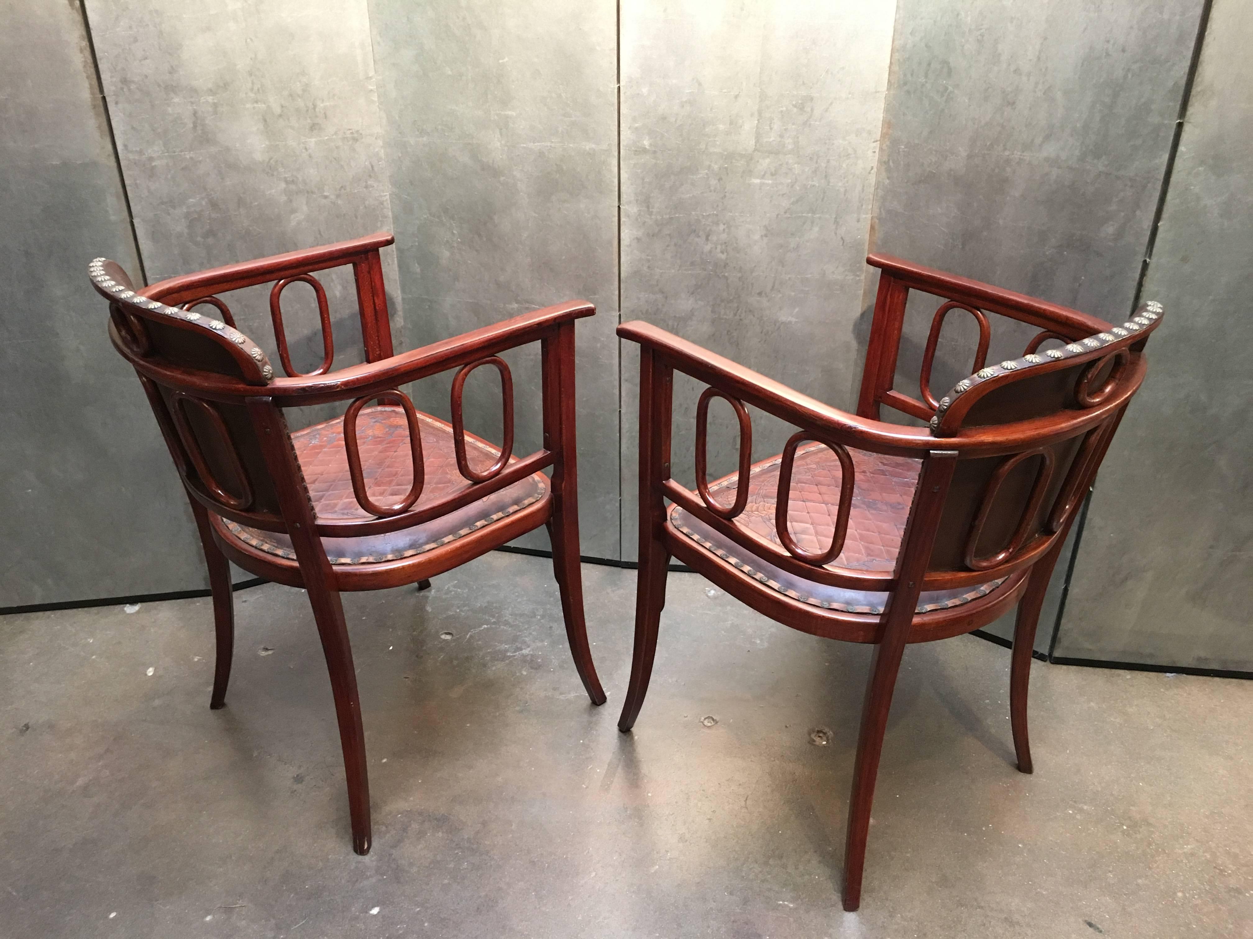 Vienna Secession Pair of Josef Hoffman Bent Beechwood and Hand Tooled Leather Armchairs