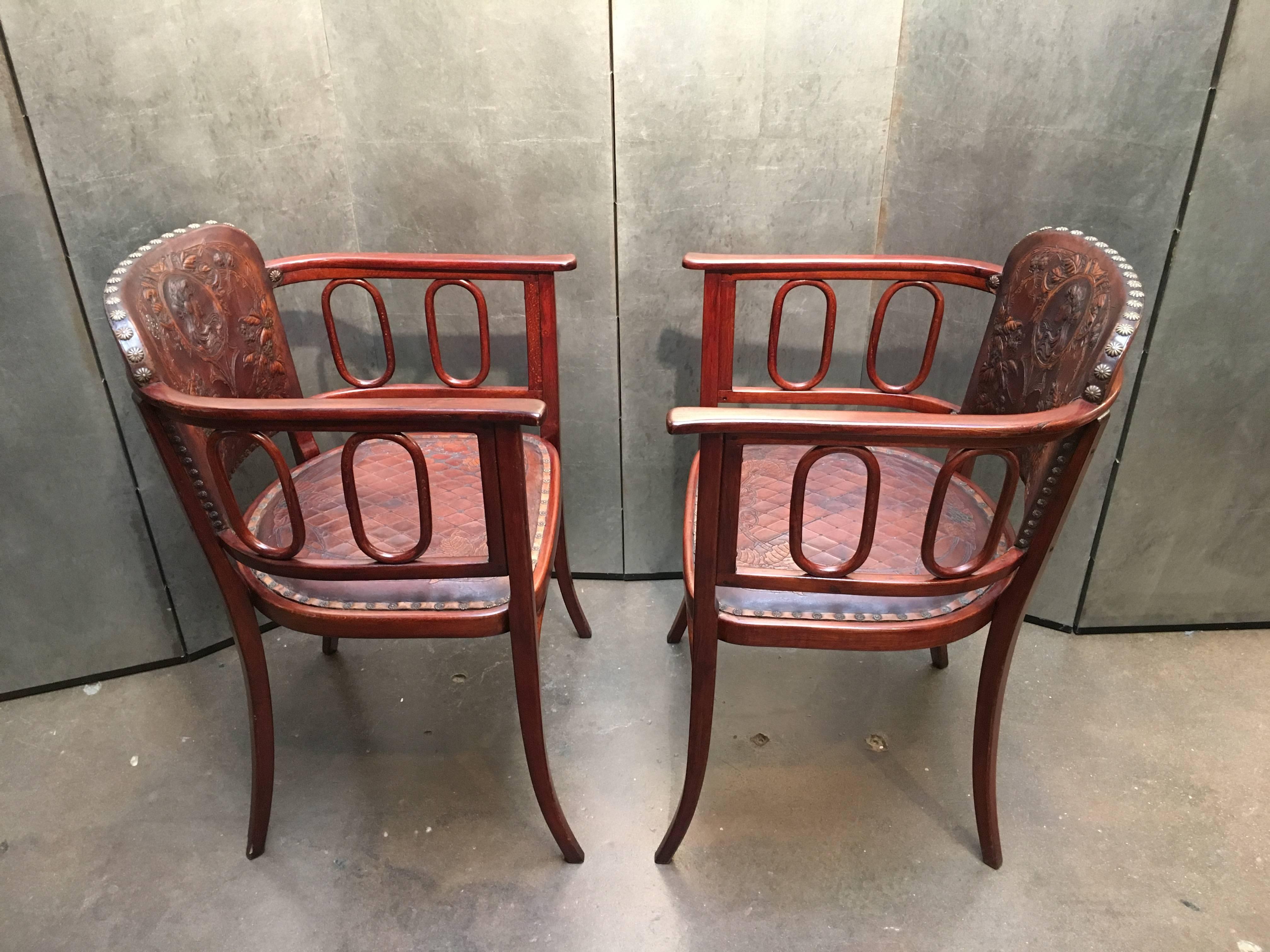 Austrian Pair of Josef Hoffman Bent Beechwood and Hand Tooled Leather Armchairs
