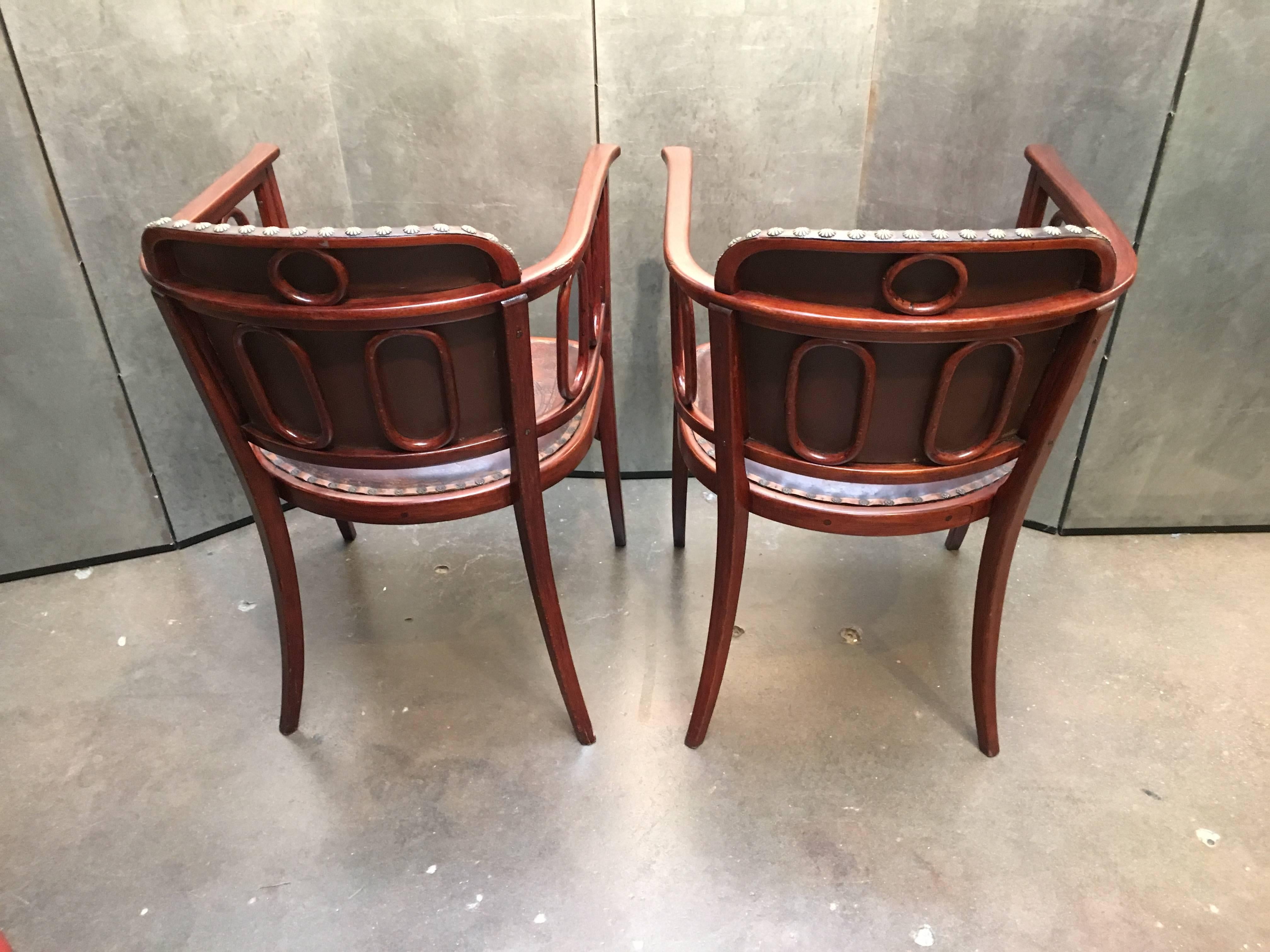Embossed Pair of Josef Hoffman Bent Beechwood and Hand Tooled Leather Armchairs