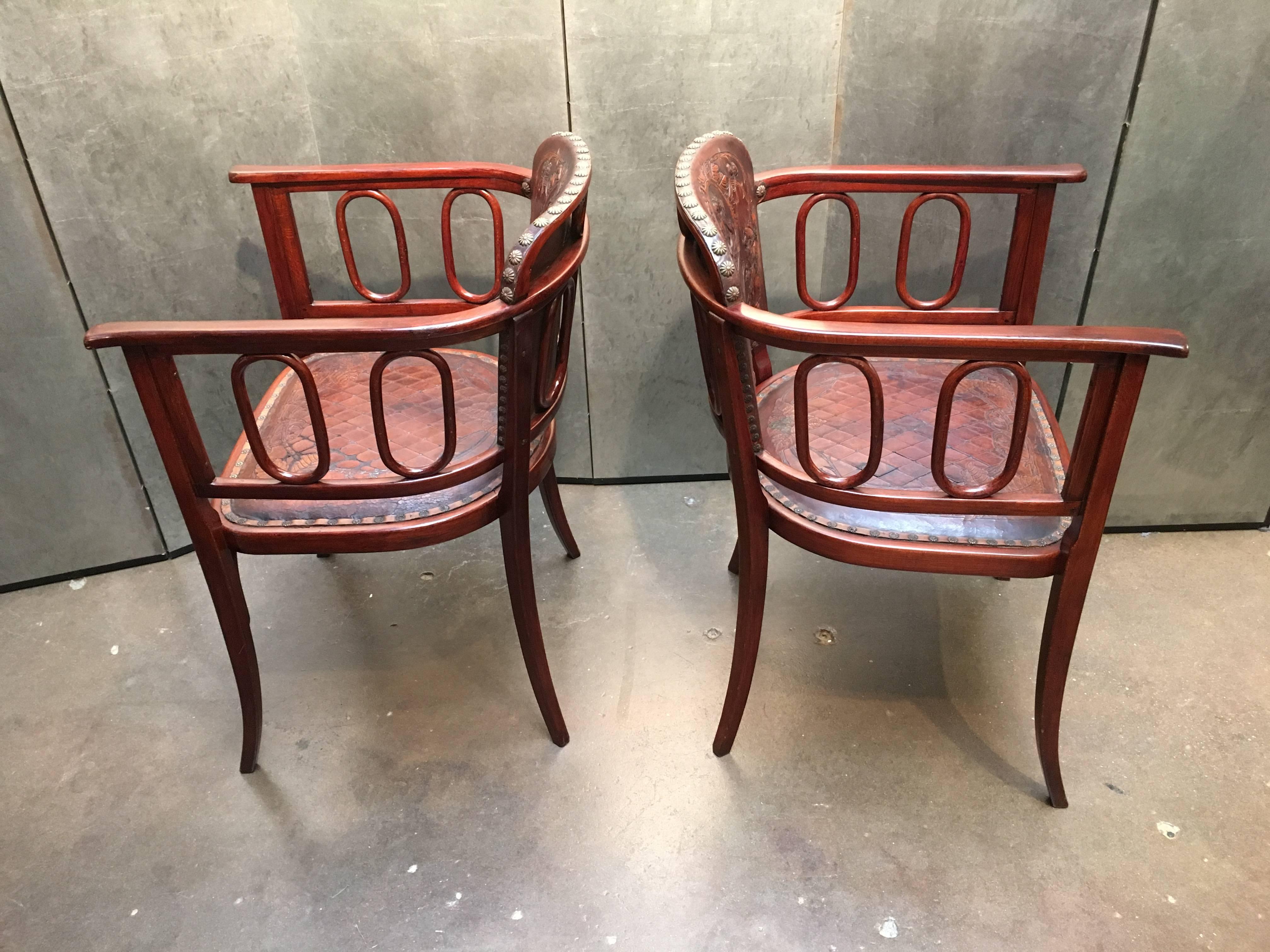 Pair of Josef Hoffman Bent Beechwood and Hand Tooled Leather Armchairs In Good Condition In Austin, TX