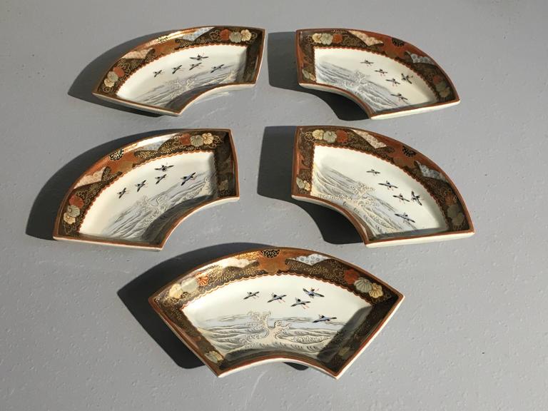Japanese Meiji Period Kutani Fan Shaped Dishes, Set of Five at 1stDibs